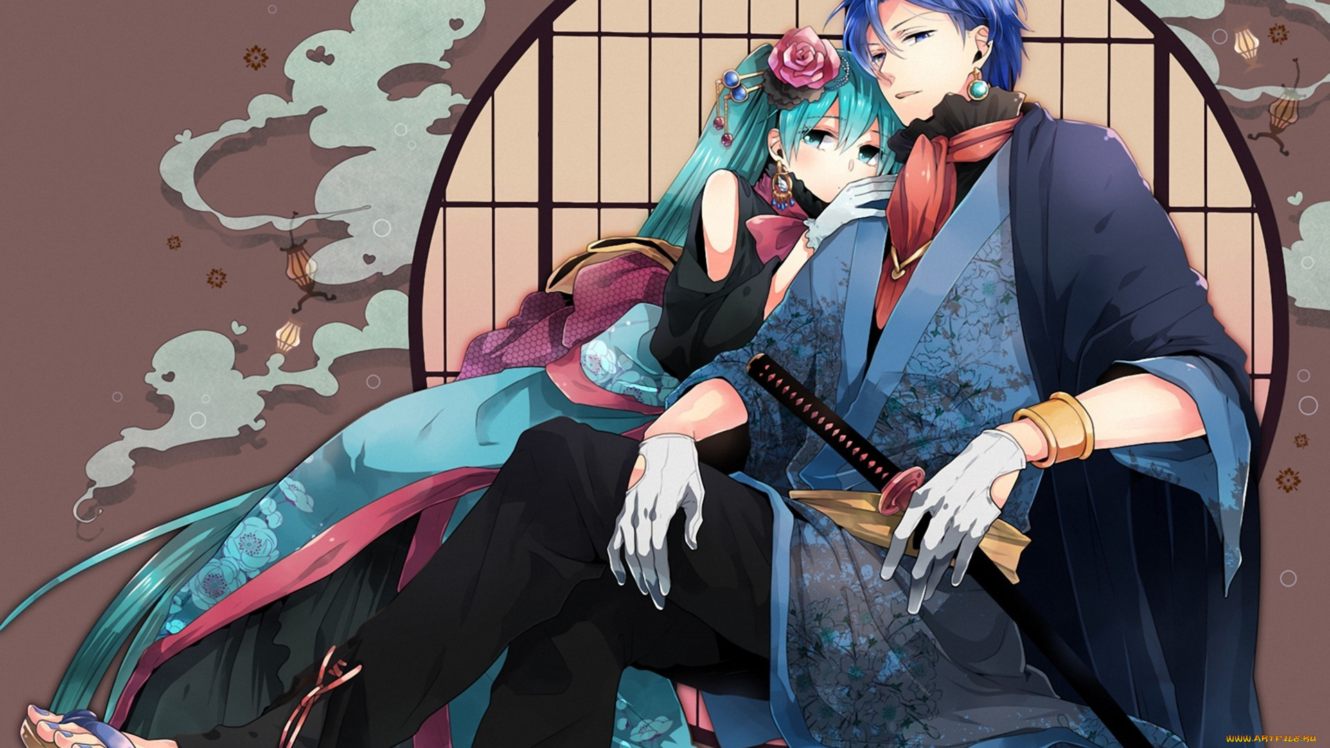 аниме, vocaloid, девушка, парень, irono, yoita, арт, меч, kaito, hatsune, miku