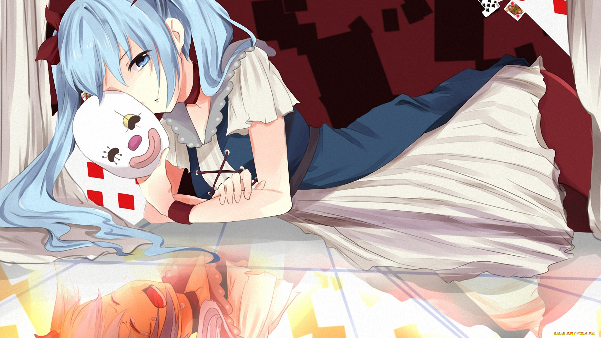 аниме, vocaloid, карты, лежа, эмоции, отражение, маска, девушка, hatsune, miku, вокалоид, ddrgs, 237, арт