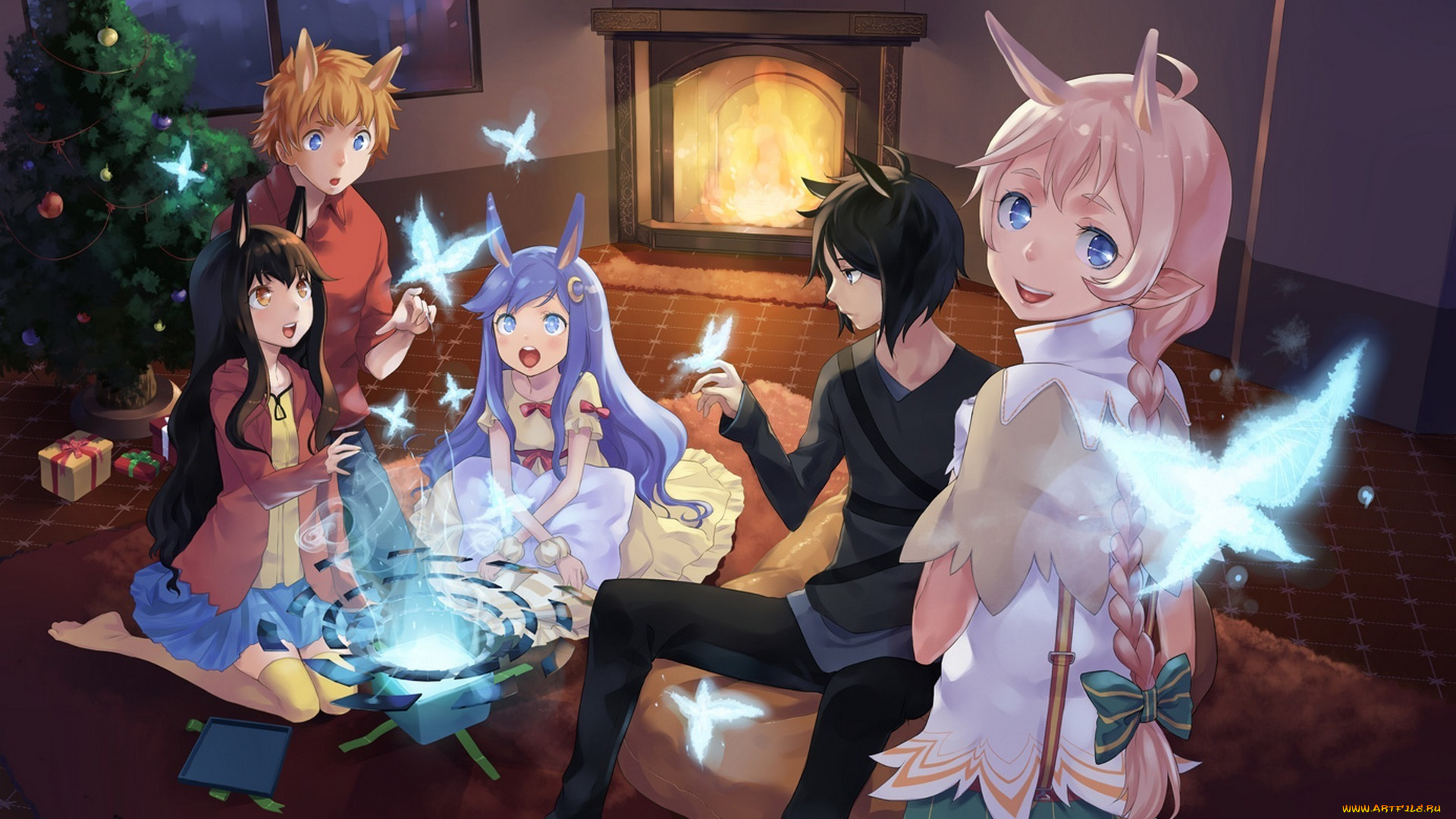 аниме, зима, , новый, год, , рождество, камин, арт, огонь, праздник, рождество, косички, подарки, игрушки, елка, бабочки, ушки, парни, девушки, salmon88