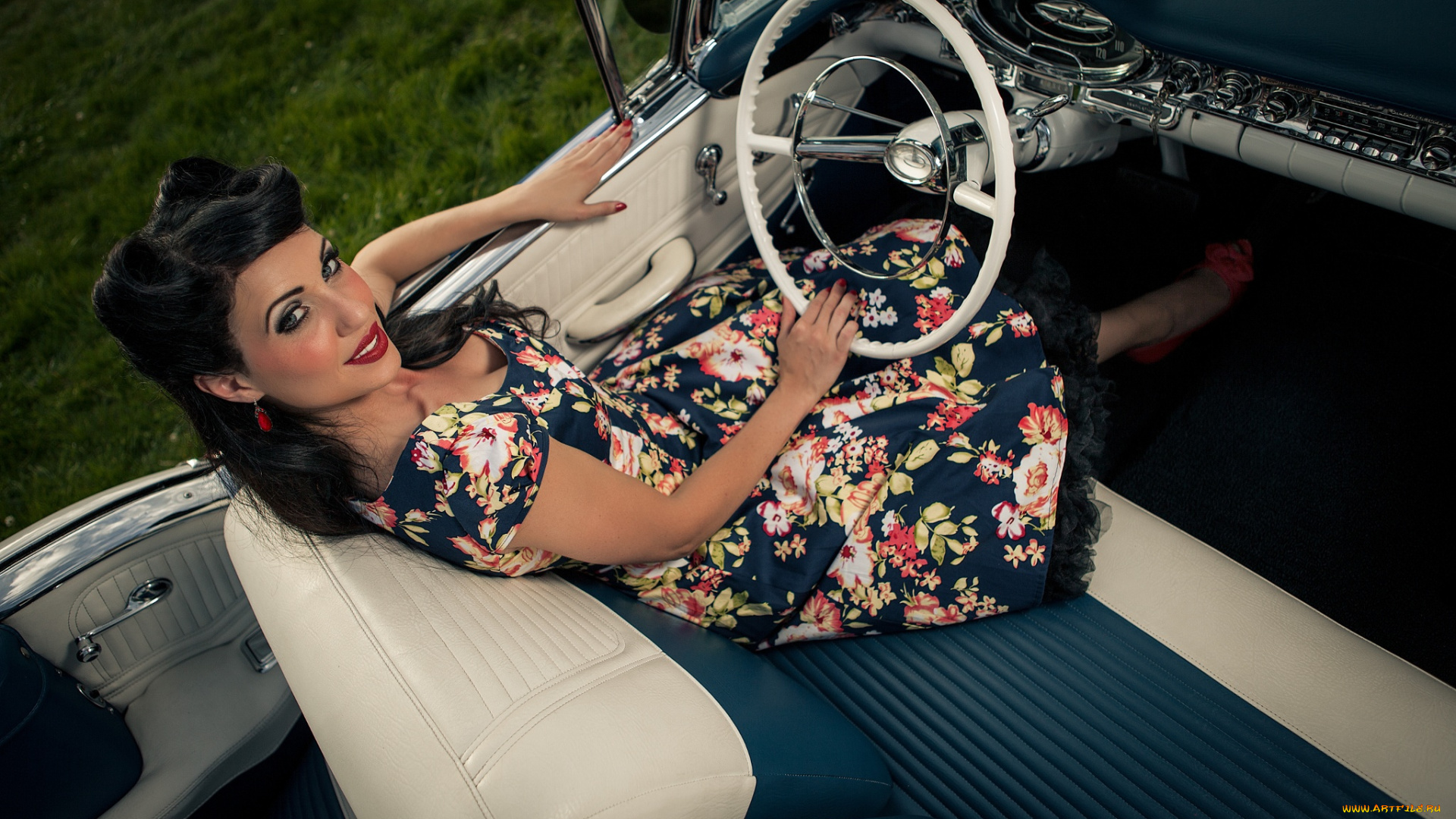 автомобили, -авто, с, девушками, макияж, брюнетка, взгляд, девушка, кабриолет, автомобиль, платье, улыбка