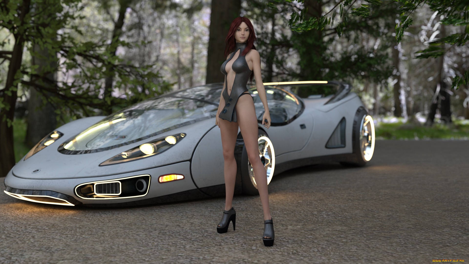 автомобили, 3d, car&girl, девушка, взгляд, фон, автомобиль