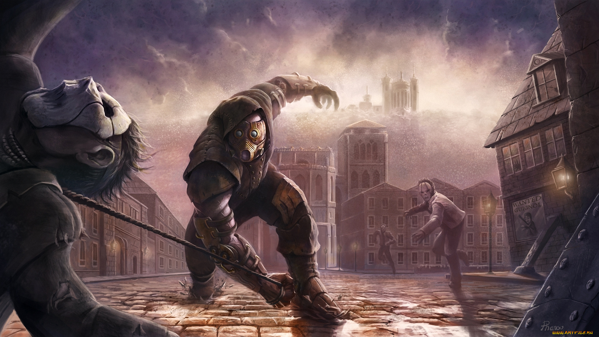 фэнтези, люди, арт, город, битва, парни, кнут, нападение, маска, брусчатка