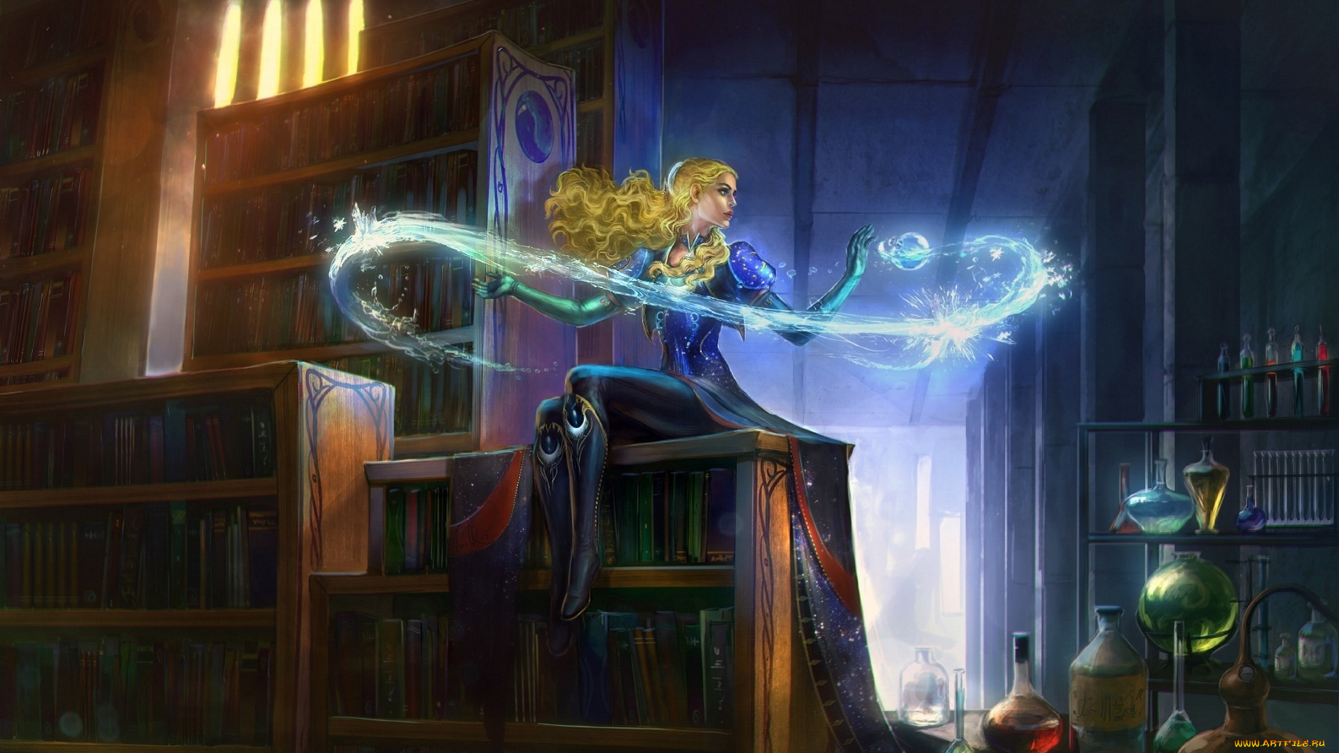 фэнтези, магия, by, anndr, алхимия, alchemy, склянки, magic, лед, ice, flasks, полки, shelves, книги, library, блондинка, blonde, books, библиотека, девушка, girl, fantasy, рисунок, арт, art