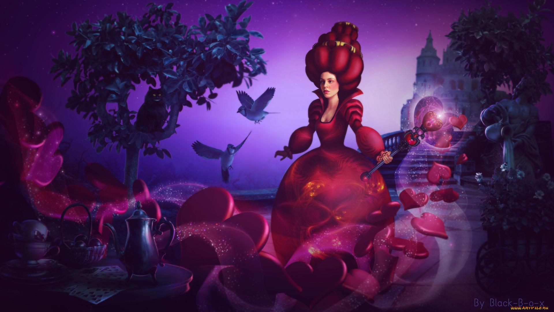 фэнтези, магия, девушка, взгляд, фон, птицы