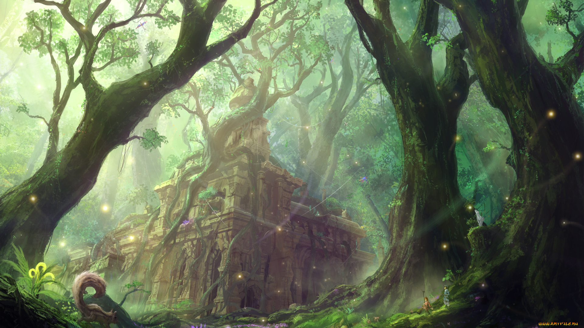 фэнтези, пейзажи, арт, makkou4, белка, руины, замок, лес
