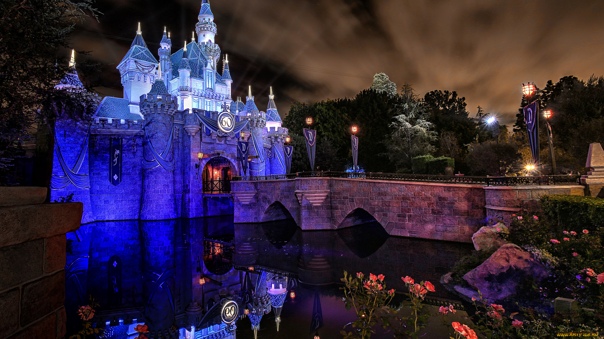 города, диснейленд, ночь, сказка, замок