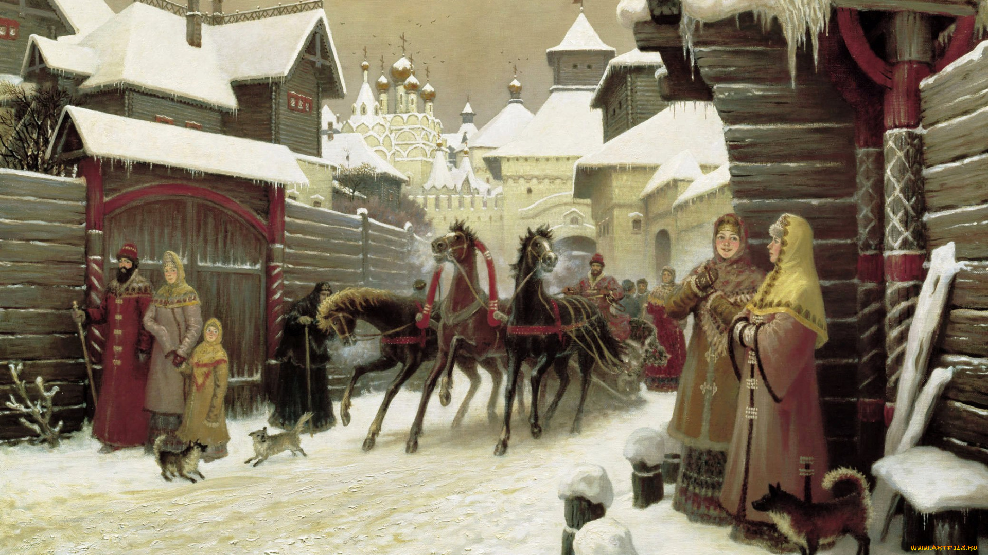 городская, улица, xvii, века, рисованное, борис, ольшанский, терема, здания, дома, повозка, тройка, лошади, люди, город