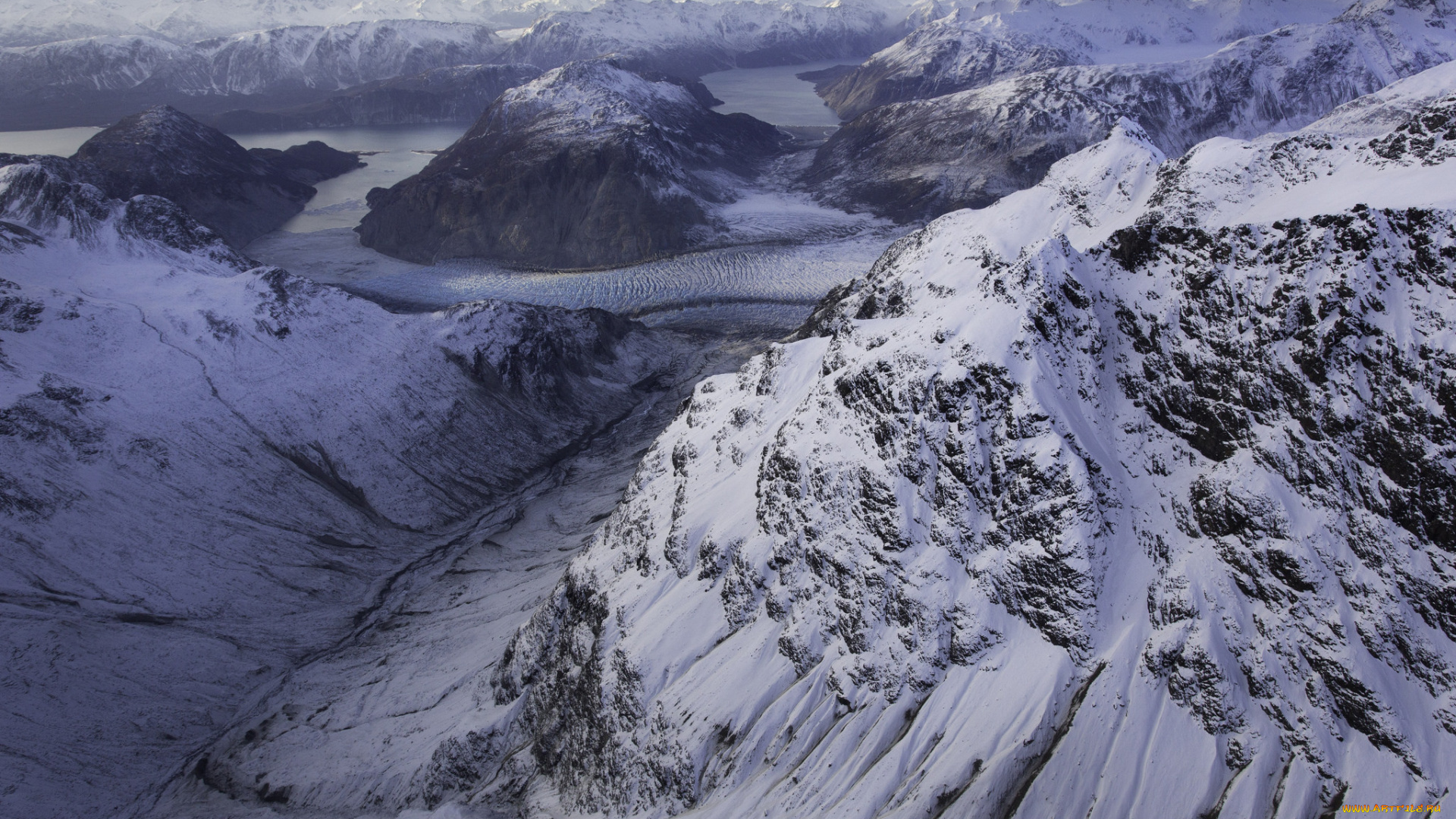 природа, айсберги, и, ледники, снег, зима, горы, вид, сверху, пейзаж, река