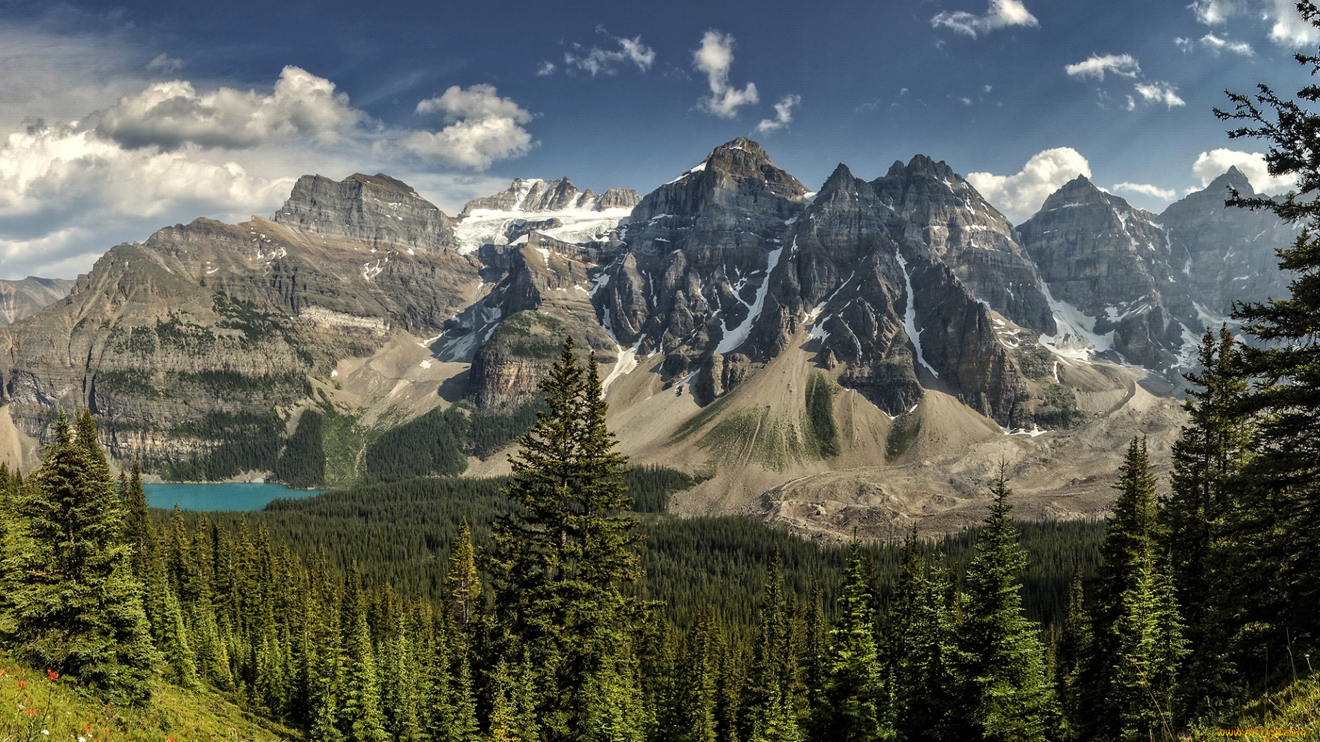 природа, горы, морейн, долина, десяти, пиков, национальный, парк, банф, альберта, канада, озеро, лес