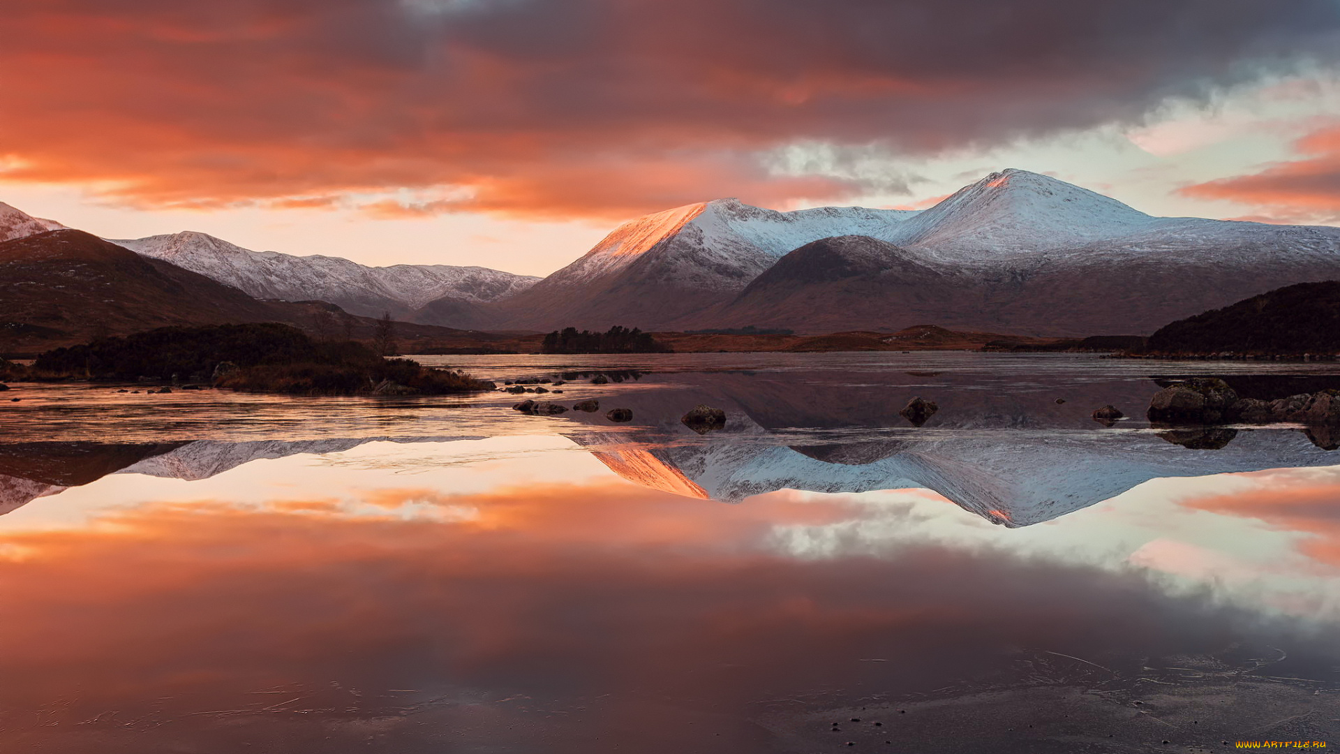 природа, горы, северо-шотландское, нагорье, шотландия, вечер, отражения, облака, озеро