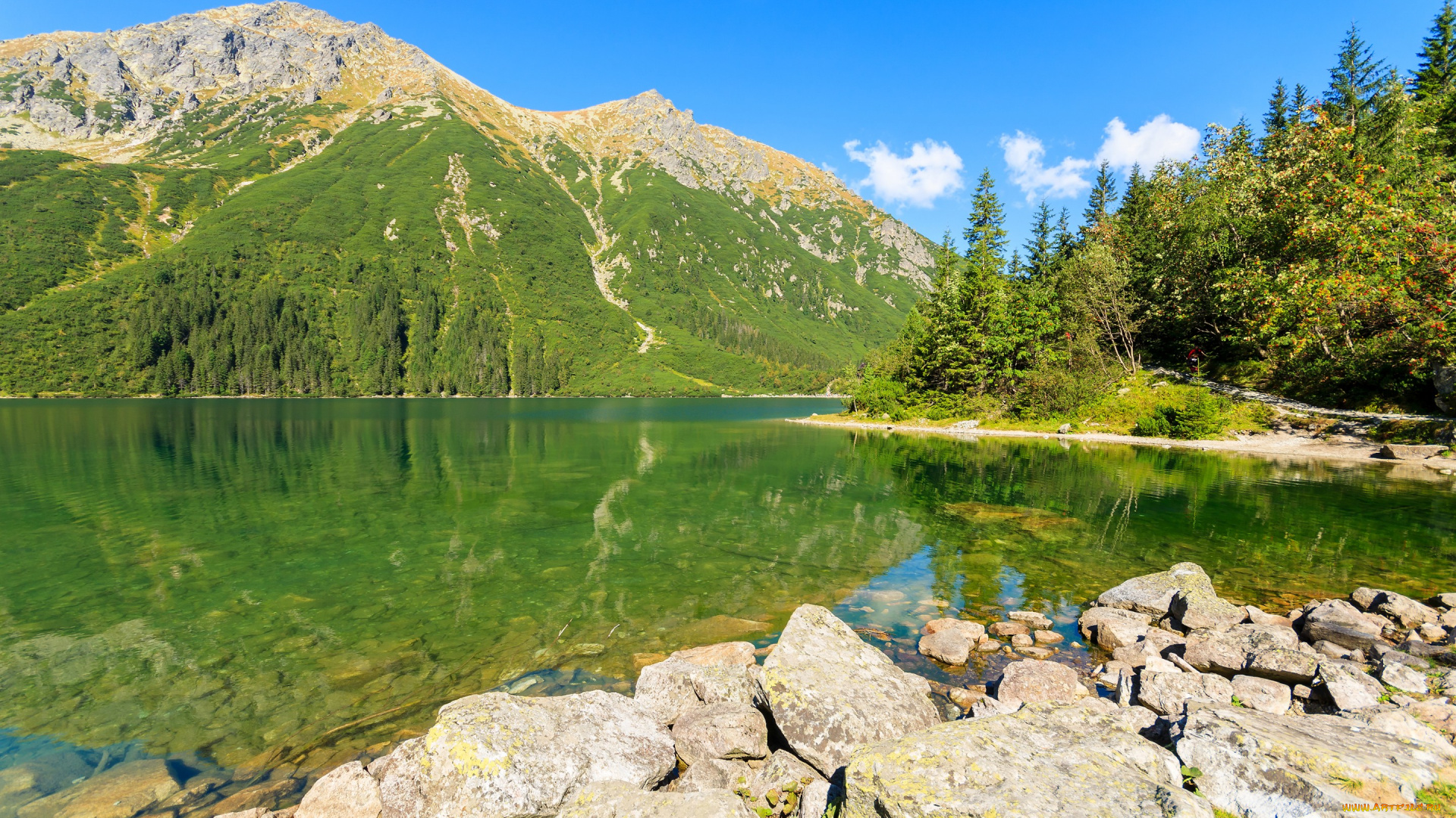 природа, реки, озера, небо, солнце, отражение, вода, деревья, камни, горы, озеро, берег, tatra, mountains, польша