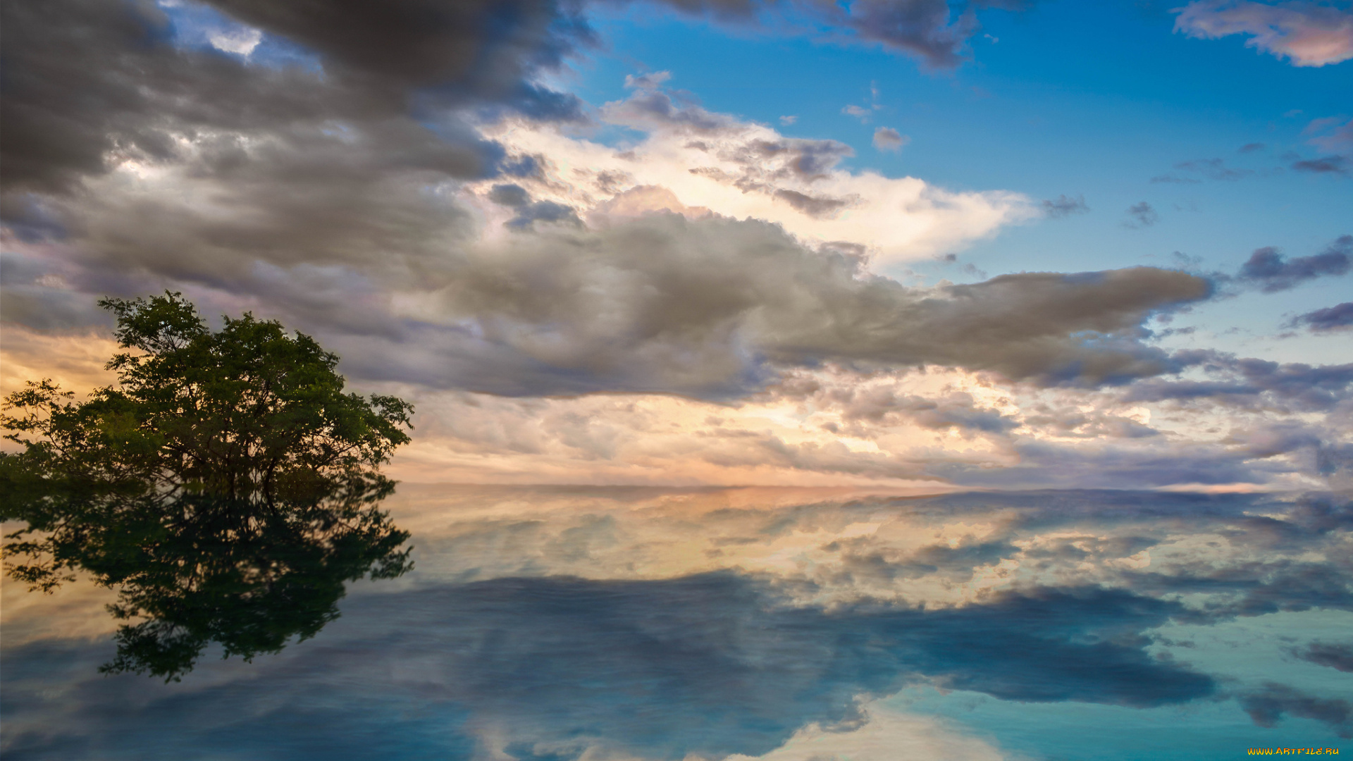 природа, реки, озера, облака, небо, голубое, бирюзовое, гладь, вода, дерево, озеро, отражение