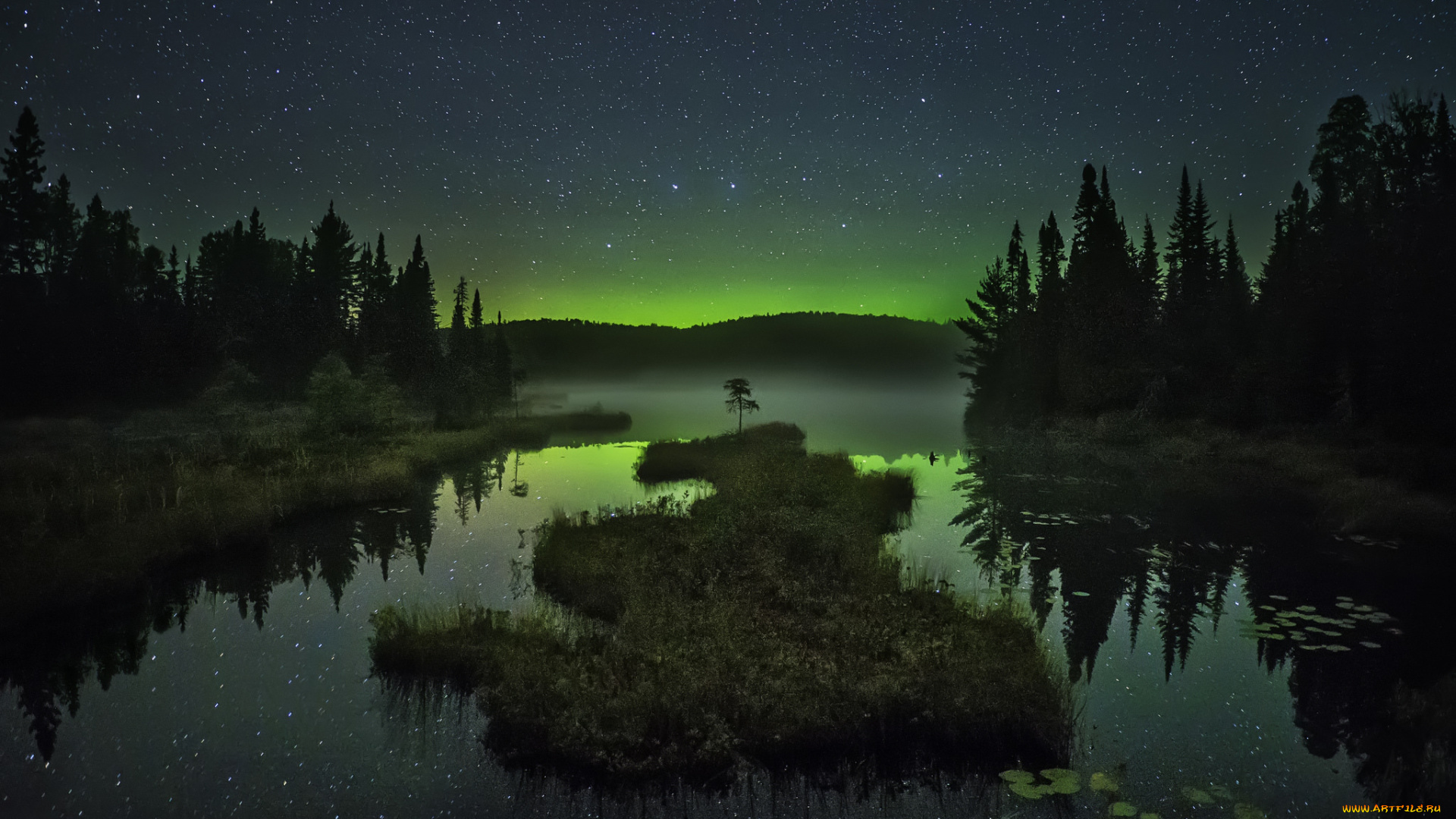 природа, северное, сияние, отражение, зеркало, ночь, небо, звезды, горы, северное, сияние, туман, деревья, озеро, островок