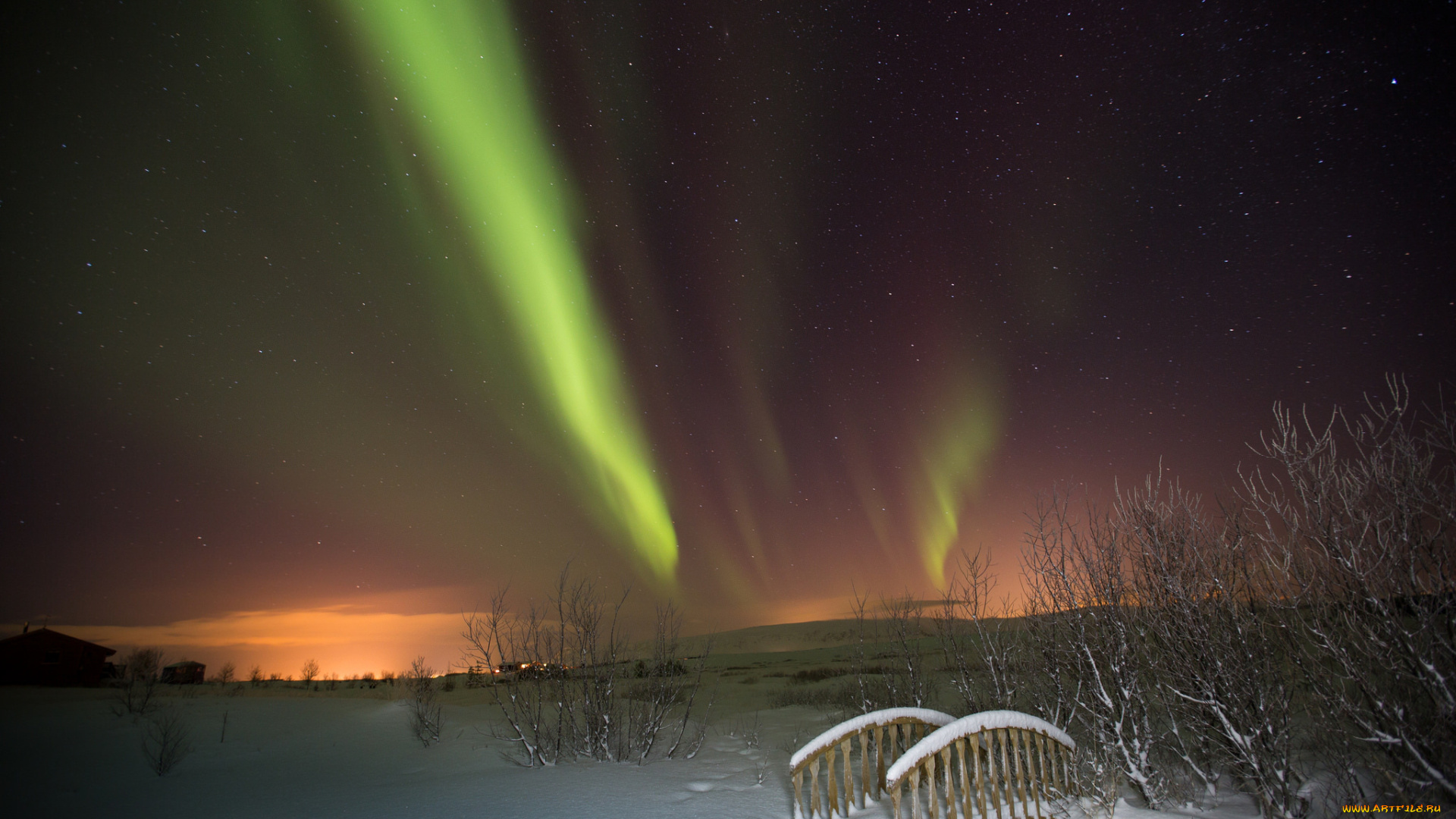 природа, северное, сияние, звезды, мостик, ночь, зима