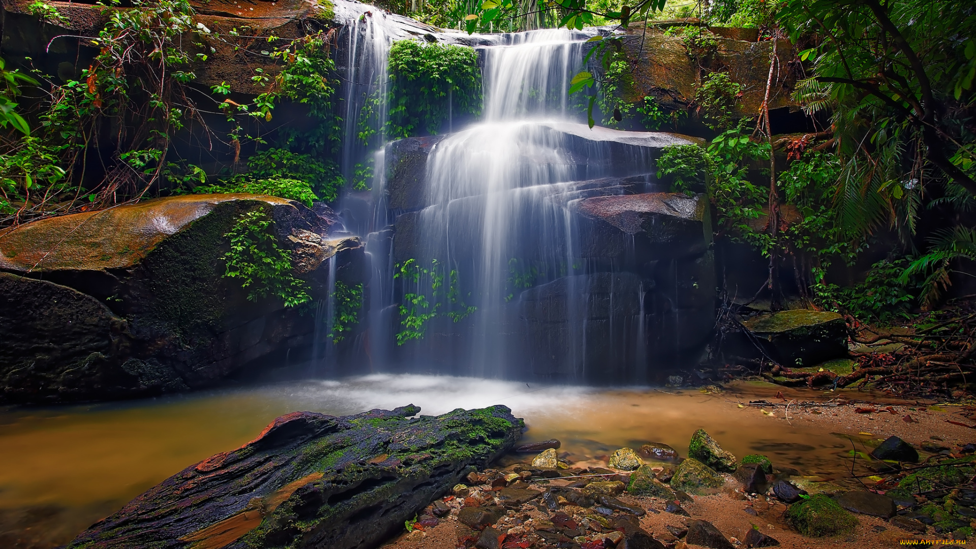 природа, водопады, лес, река, водопад