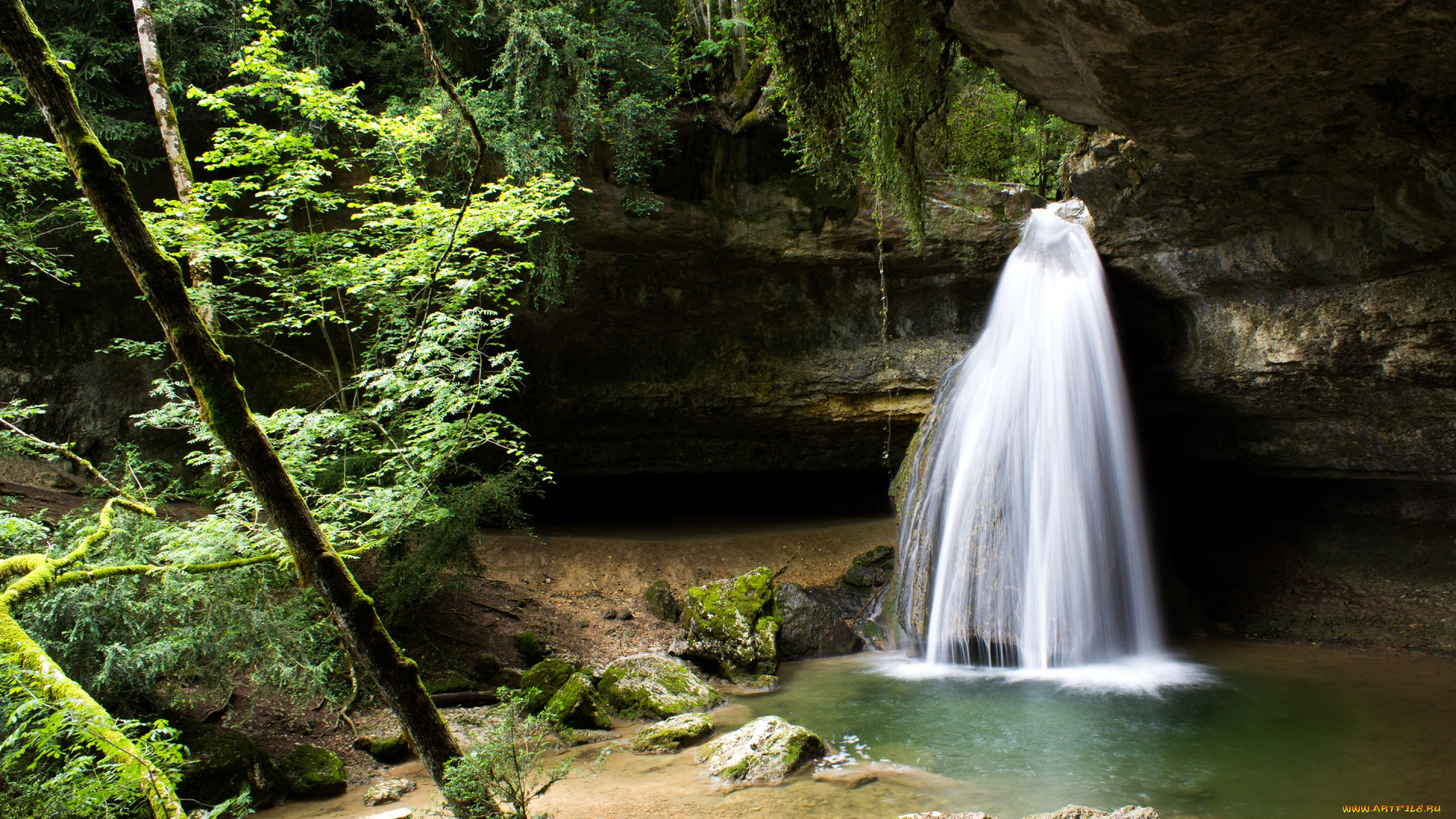 природа, водопады, лес, скала, поток, водопад, деревья
