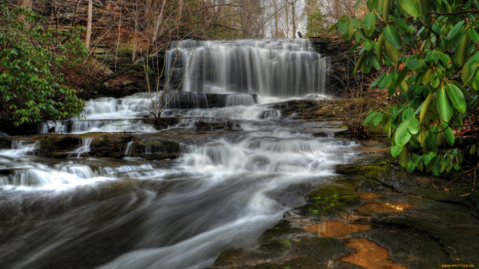 природа, водопады, река, лес, водопад