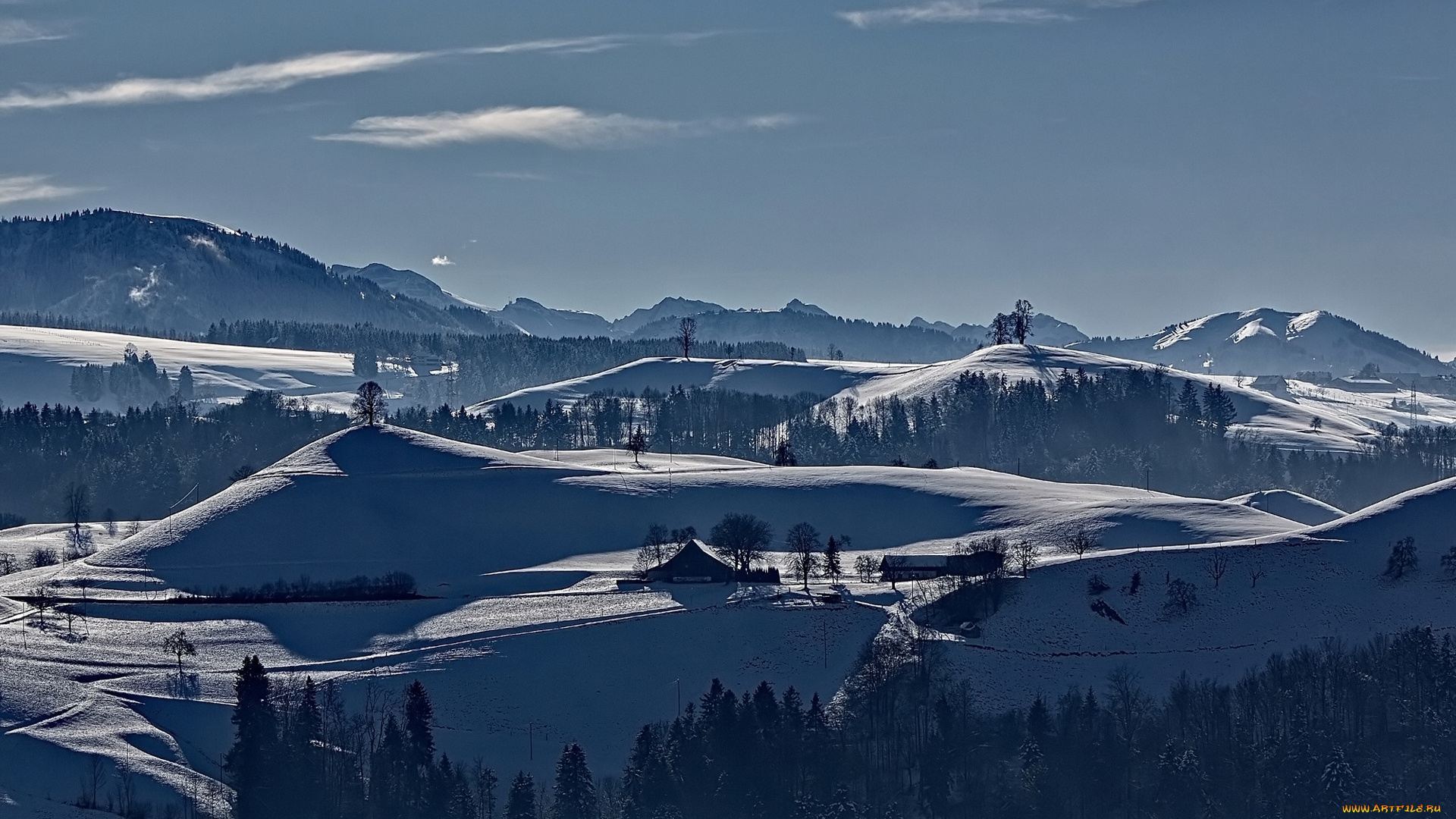 природа, зима, дом, снег, деревья, горы, небо