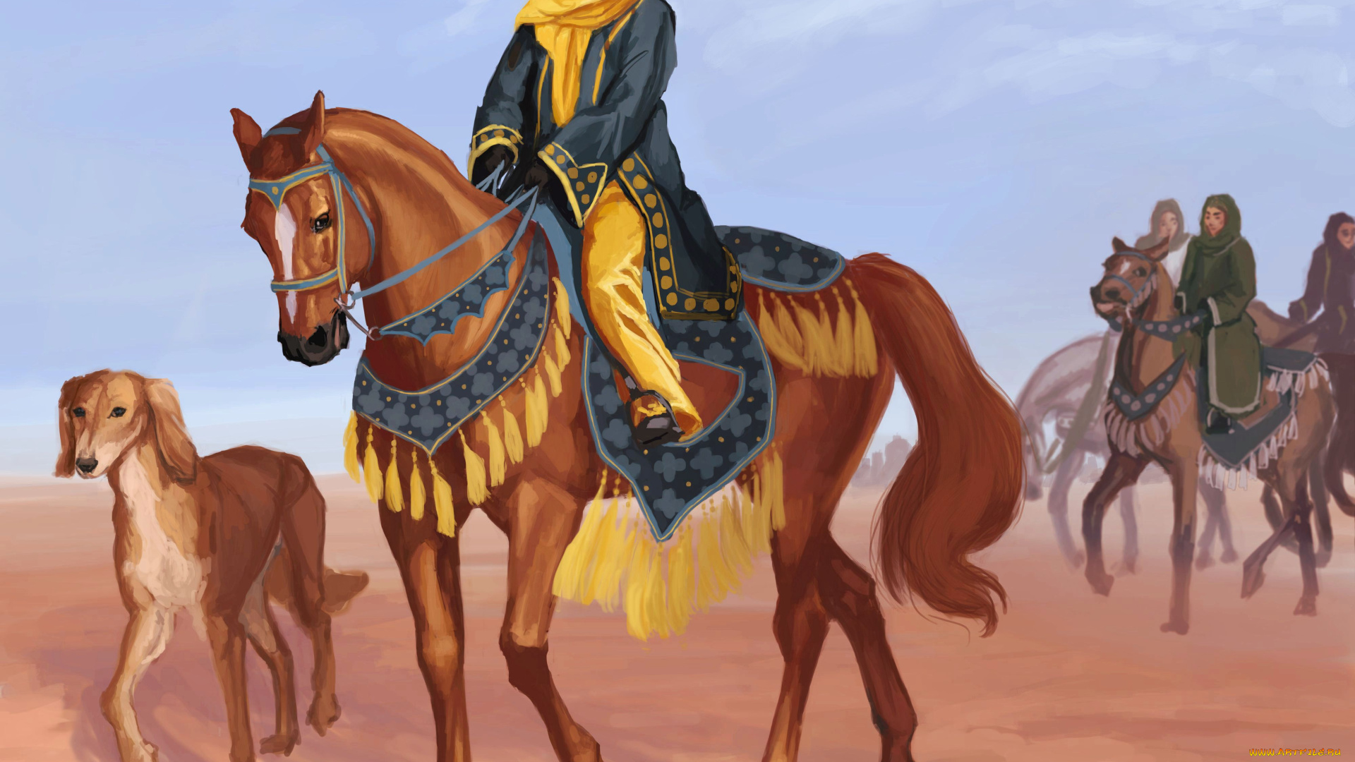 рисованное, люди, лошадь, всадники, собака, пустынья
