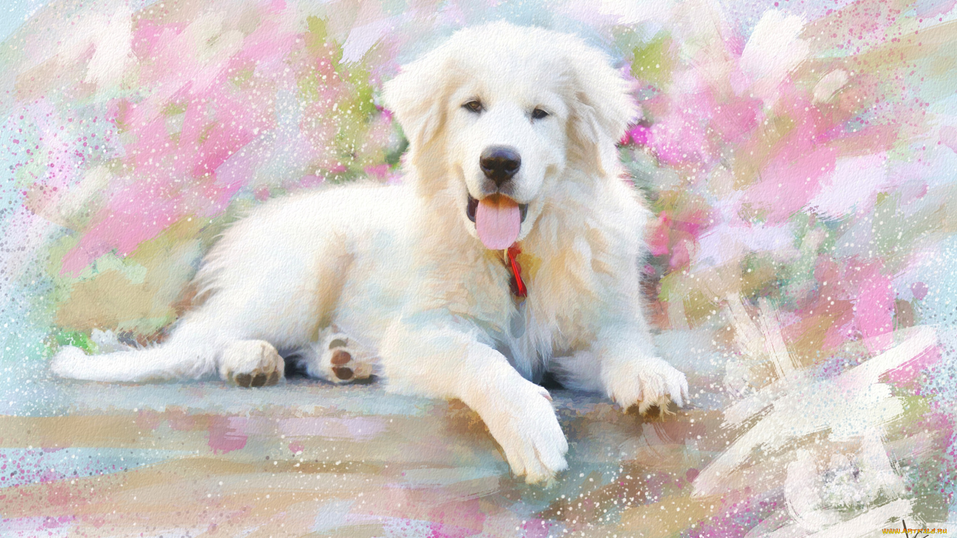 рисованное, животные, , собаки, картина, пастельные, тона, живопись, рисунок, мазки, белая, нарисованная, довольная, собака