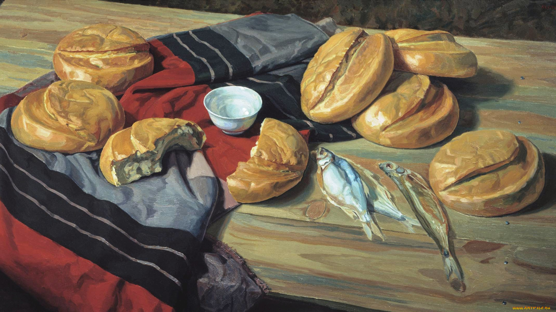 семь, хлебов, рисованное, виктор, маторин, стол, соль, хлеб, рыба, ткань, натюрморт