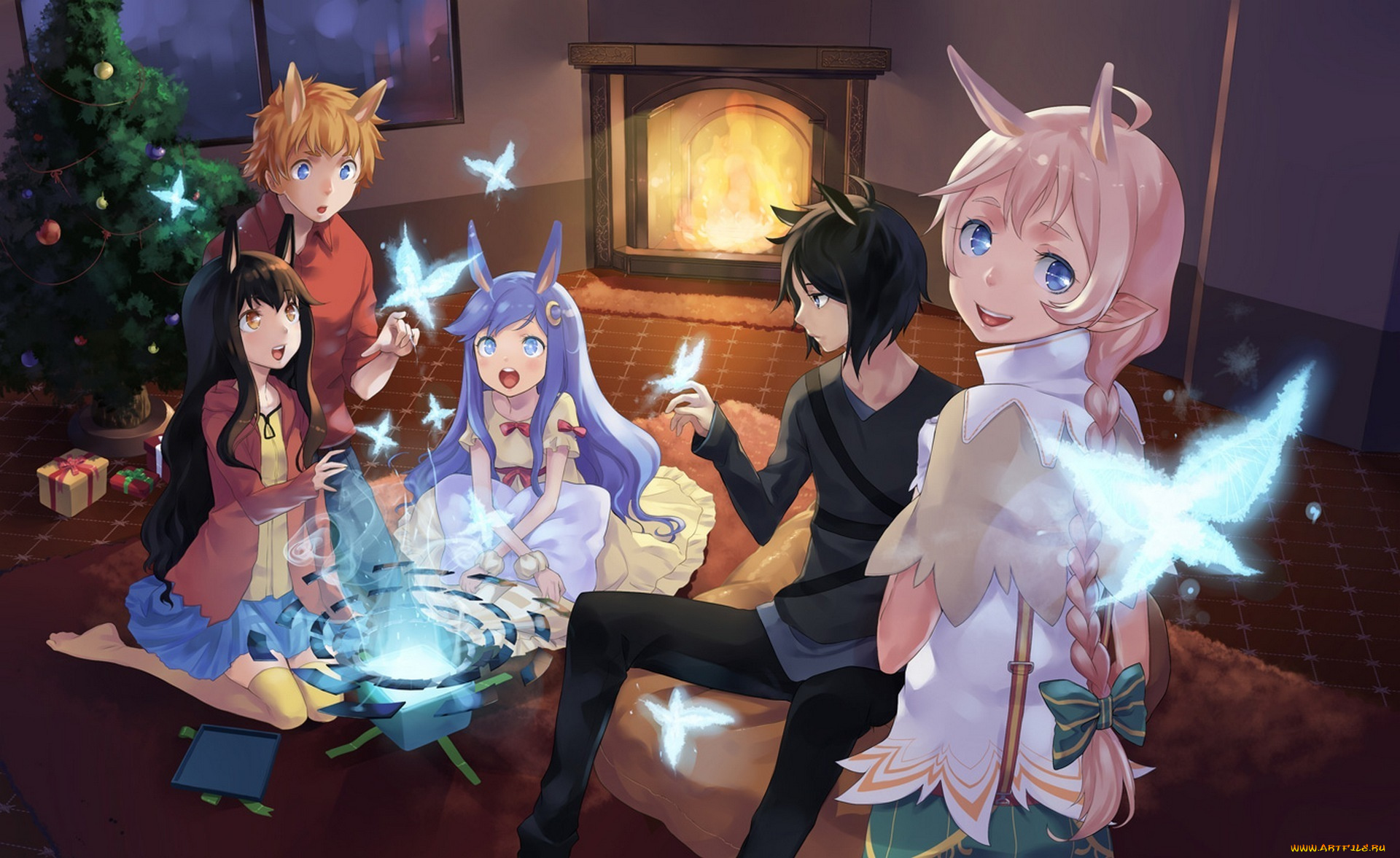 аниме, зима, , новый, год, , рождество, камин, арт, огонь, праздник, рождество, косички, подарки, игрушки, елка, бабочки, ушки, парни, девушки, salmon88