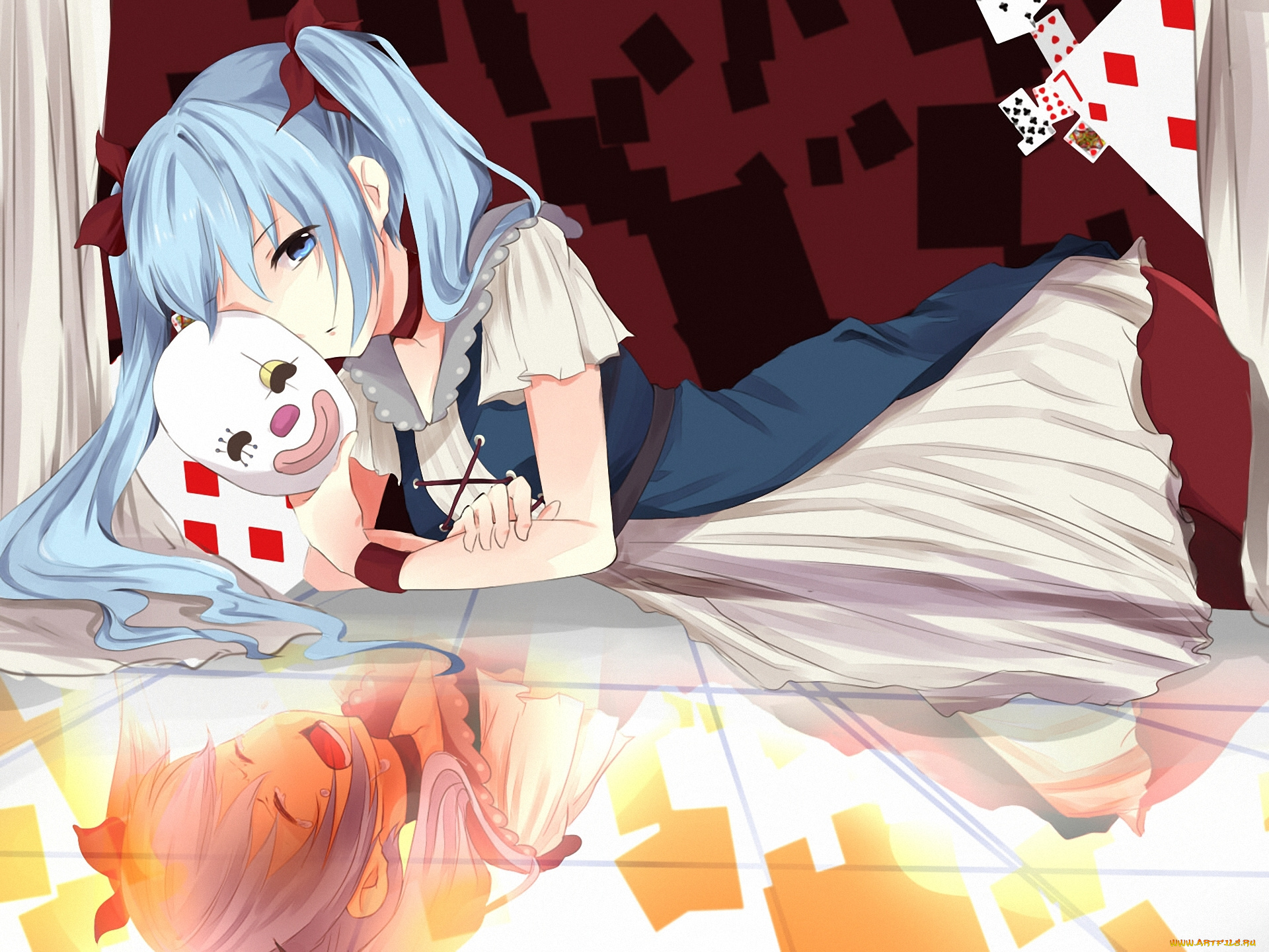 аниме, vocaloid, карты, лежа, эмоции, отражение, маска, девушка, hatsune, miku, вокалоид, ddrgs, 237, арт