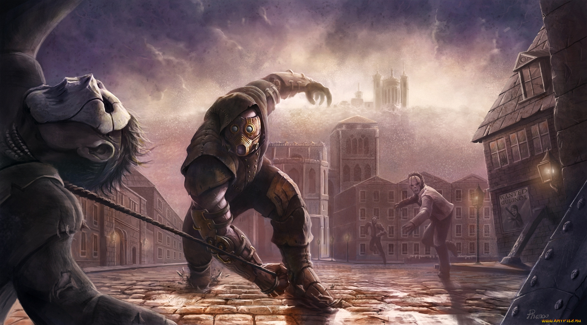 фэнтези, люди, арт, город, битва, парни, кнут, нападение, маска, брусчатка