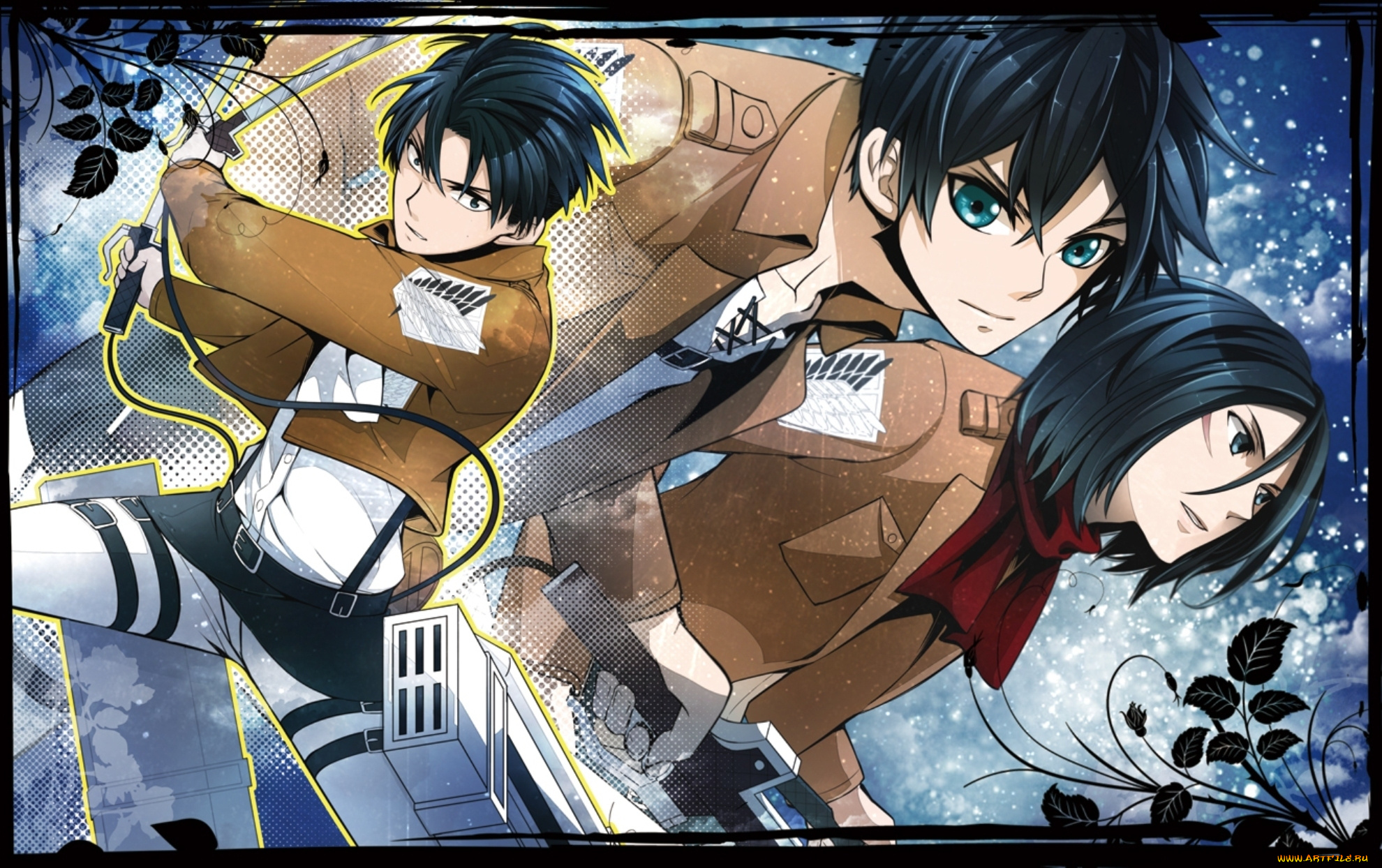 аниме, shingeki, no, kyojin, мечи, девушка, парни, attack, on, titan, атака, титанов, арт