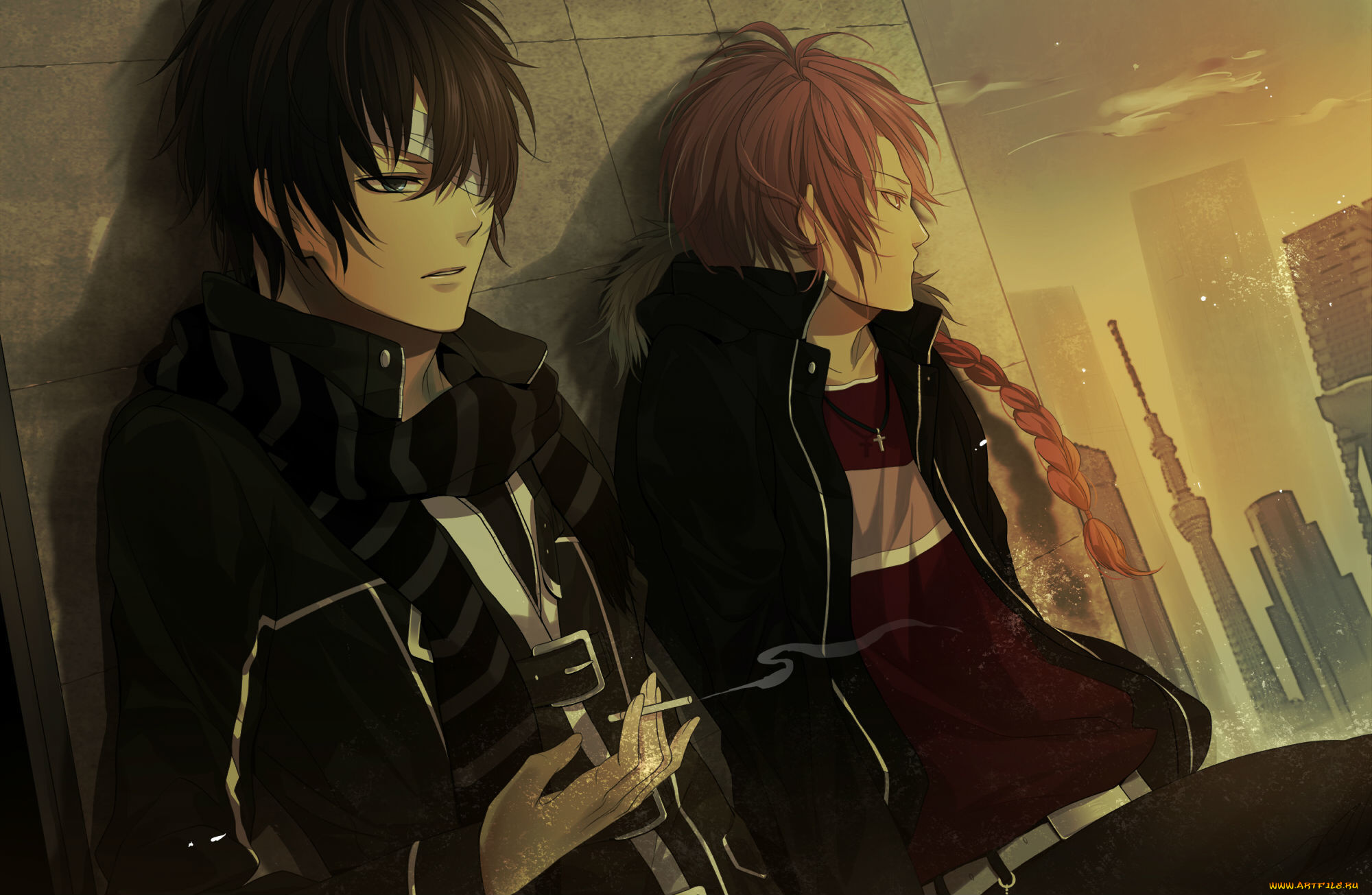 аниме, gintama, бинты, повязка, ожидание, сигарета, город, парни, kamui, takasugi, shinsuke