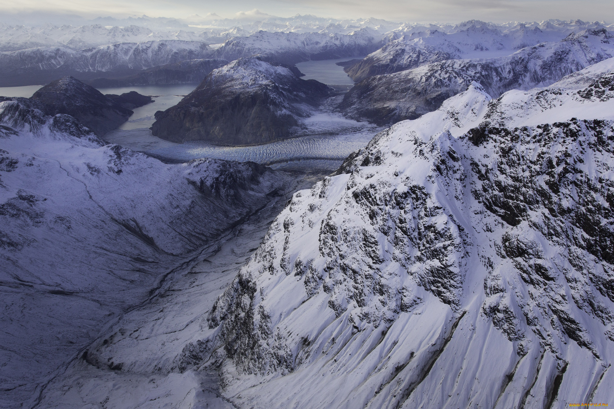 природа, айсберги, и, ледники, снег, зима, горы, вид, сверху, пейзаж, река