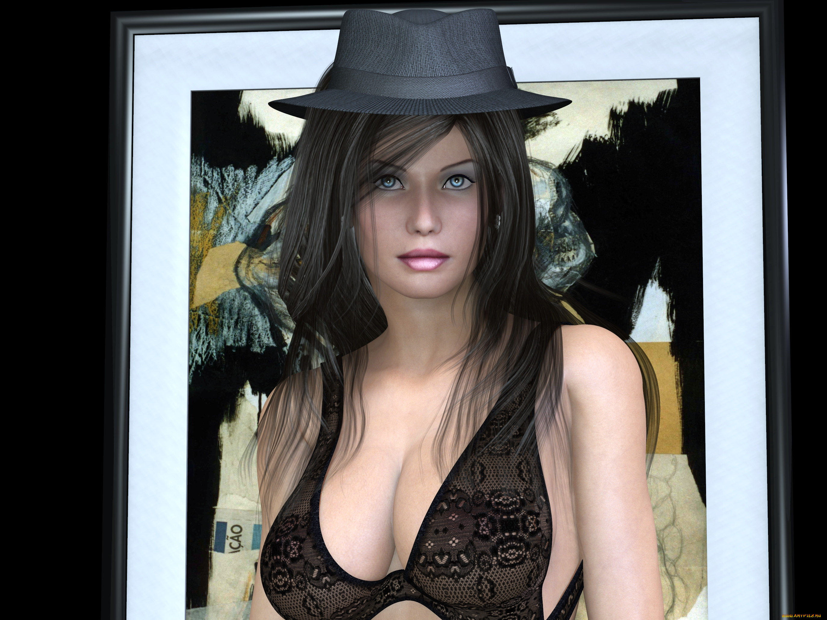 3д, графика, люди, , people, шляпа, фон, взгляд, девушка