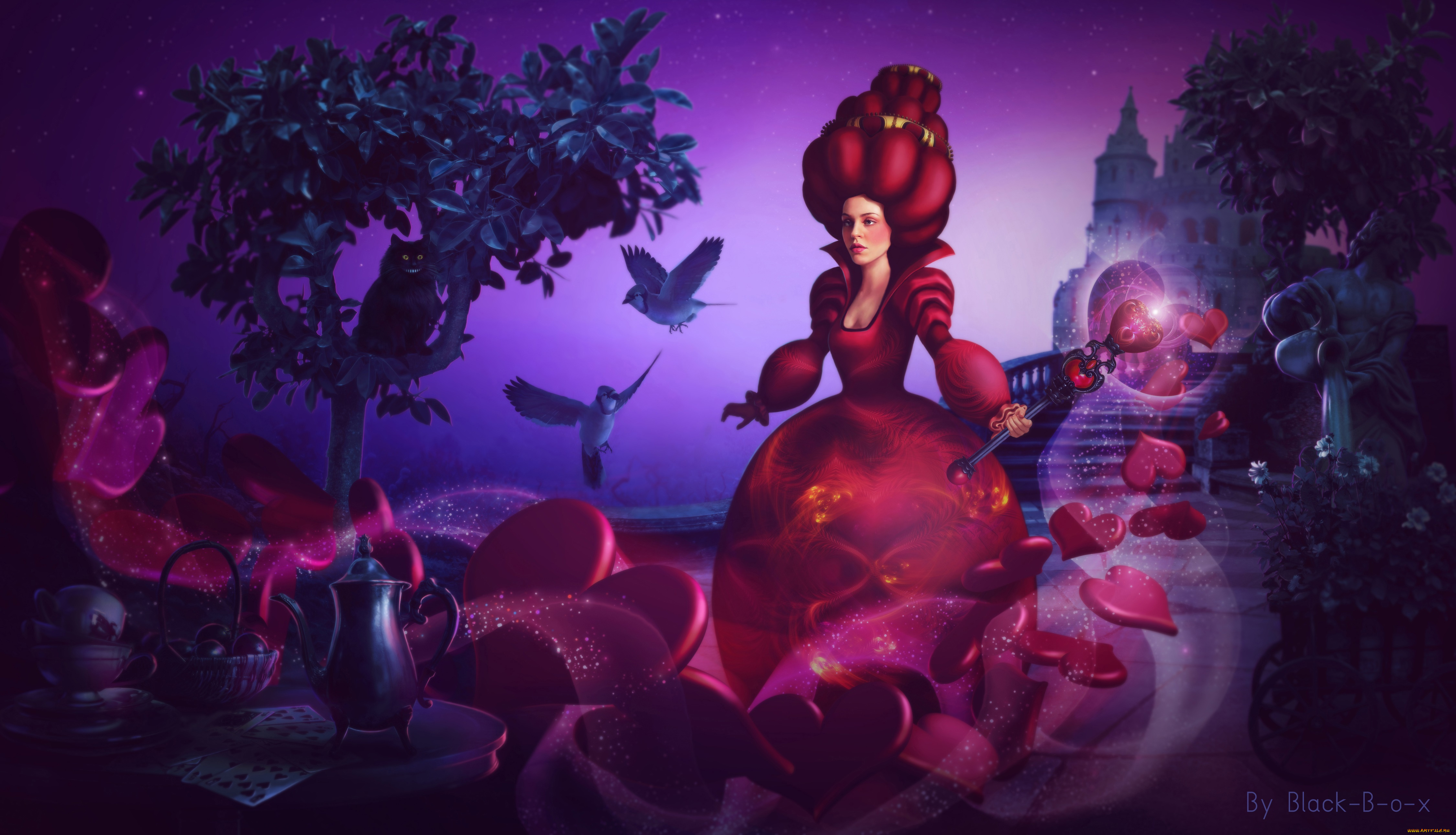 фэнтези, магия, девушка, взгляд, фон, птицы