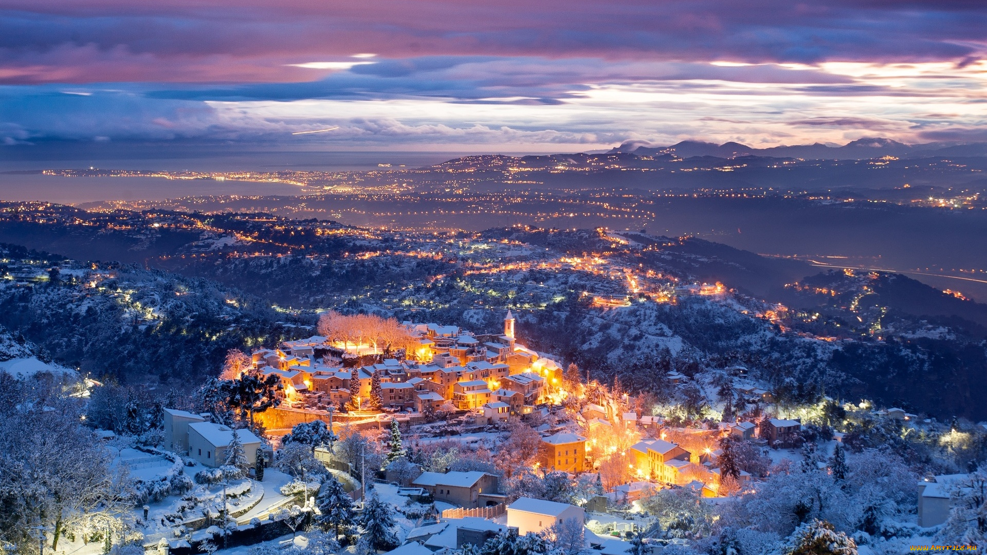 аспремон, города, -, огни, ночного, города, зима, снег, панорама, огни, город