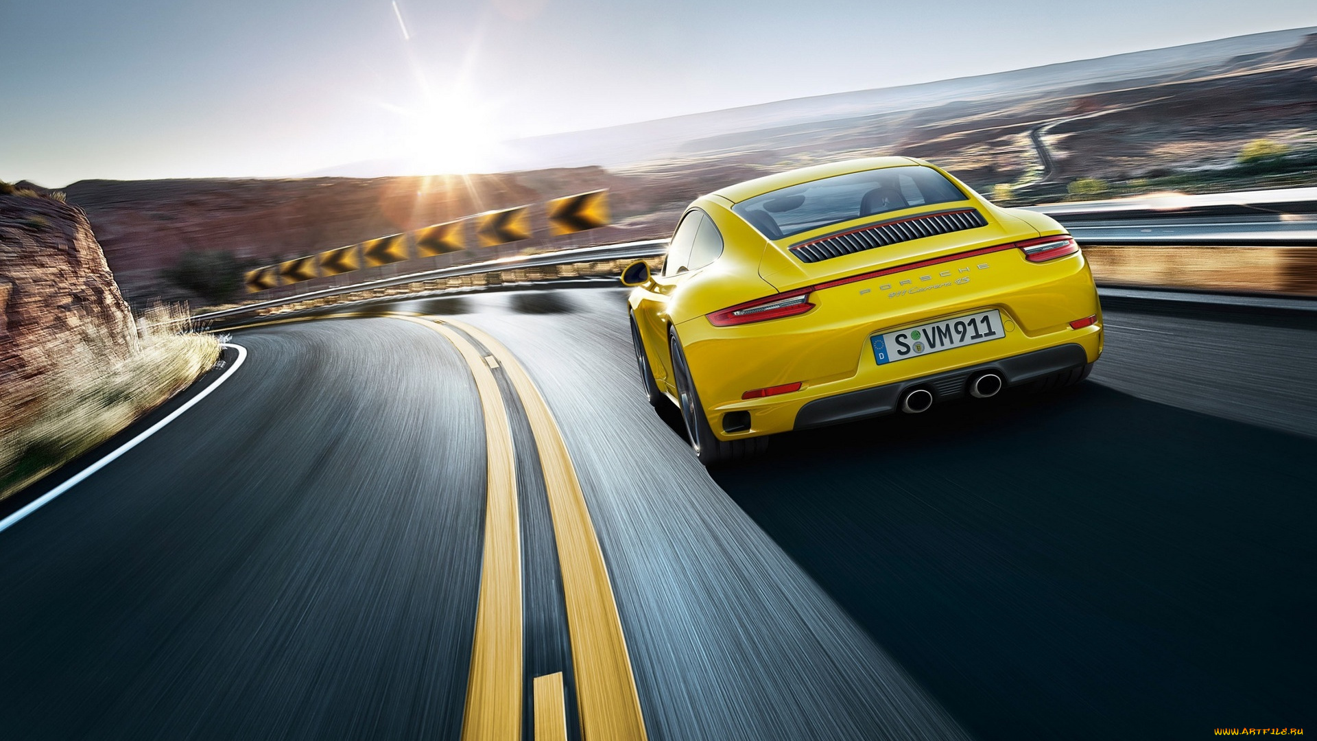 автомобили, porsche, 4s, 911, carrera, дорога, трасса, поворот, шоссе, скорость, желтый