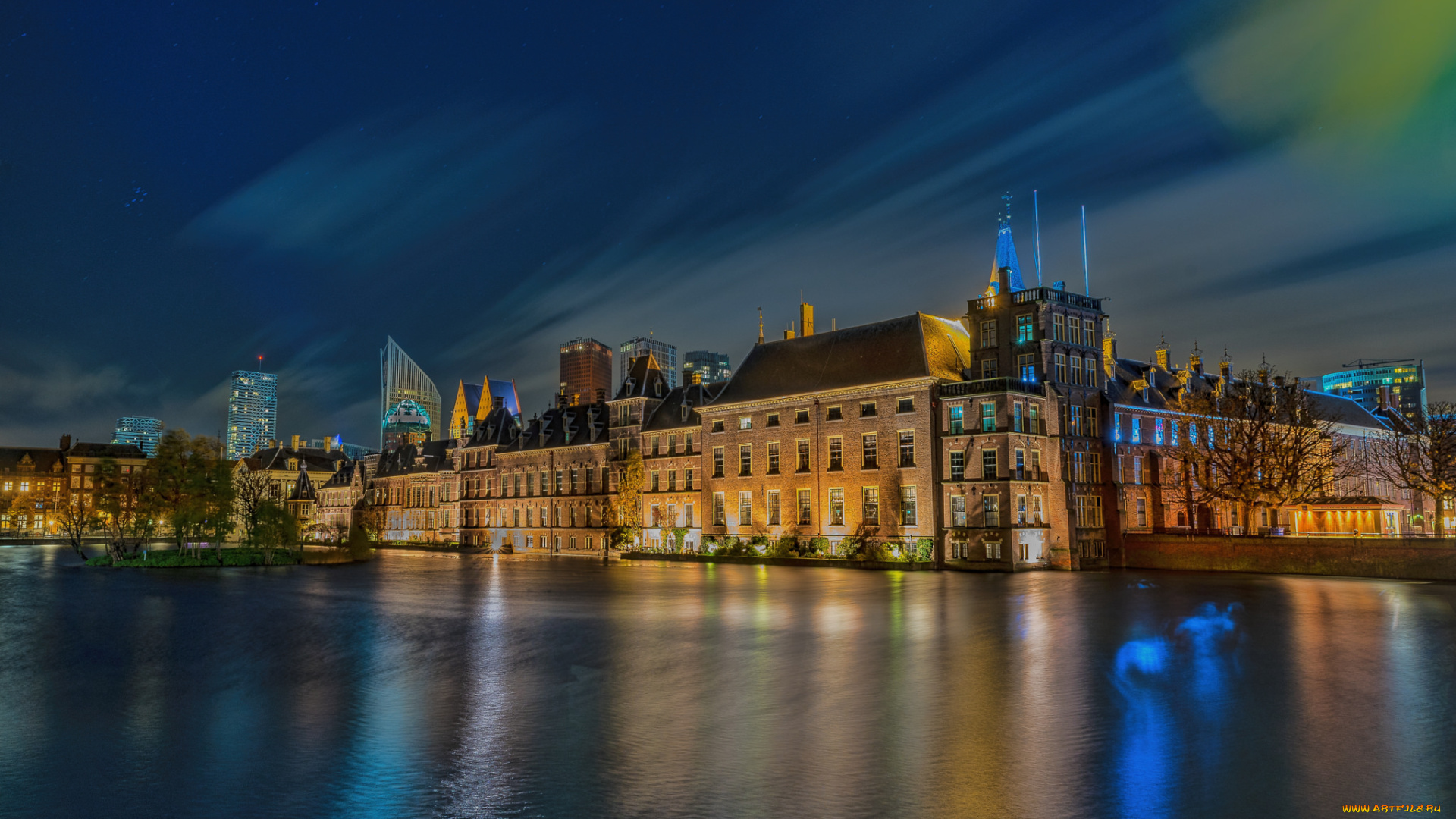 binnenhof, , den, haag, , netherland, города, -, огни, ночного, города, огни, канал