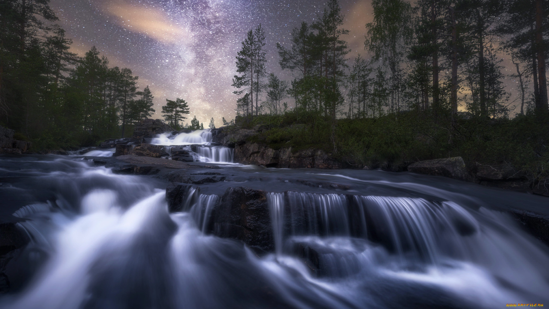 природа, водопады, поток, камни, ночь, небо