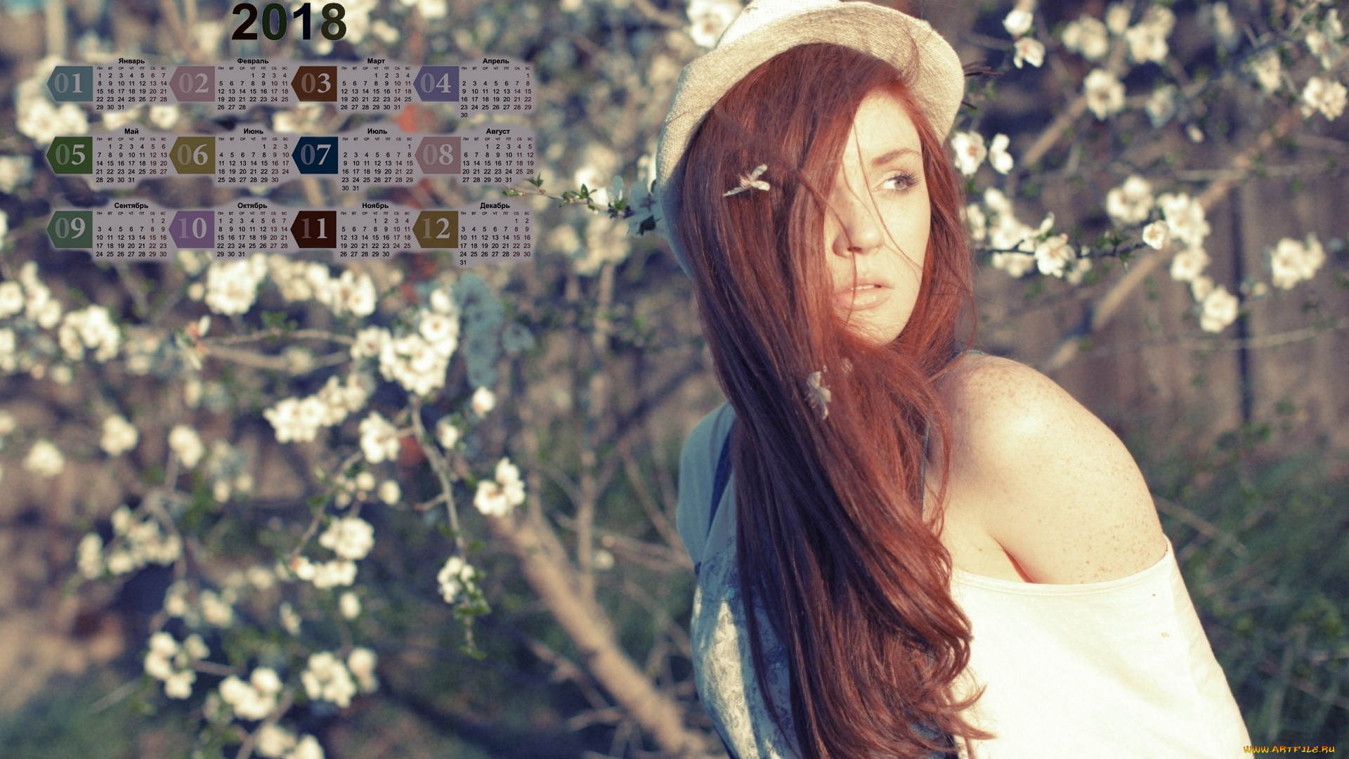 календари, девушки, цветки, дерево, шляпа, взгляд, 2018