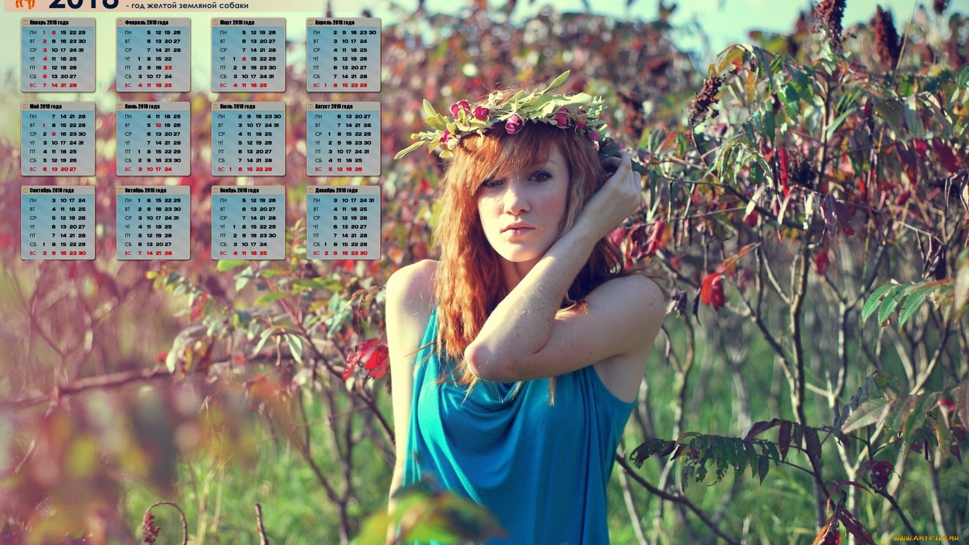 календари, девушки, венок, взгляд, 2018, растения