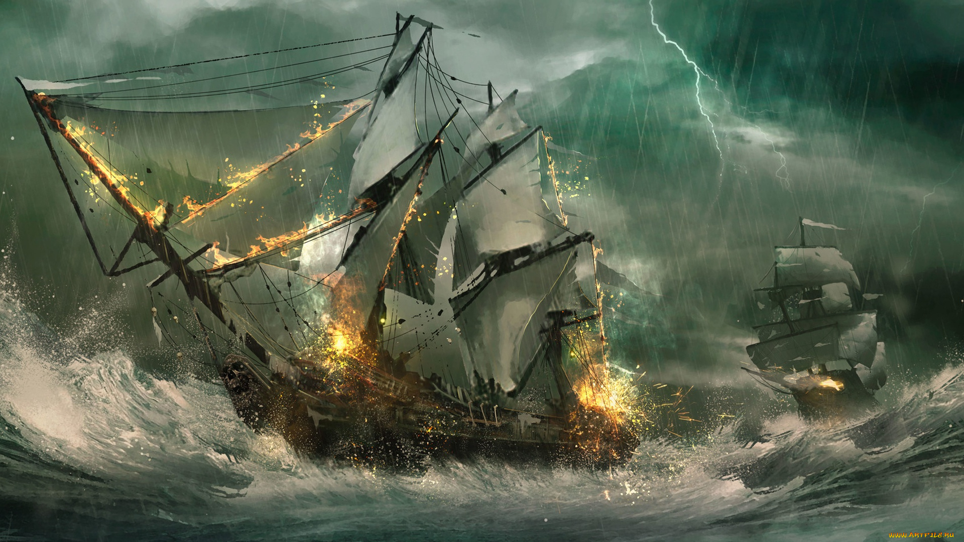 корабли, 3d, морской, бой, julian, calle, парусники, волны, море, фрегаты, молния, шторм