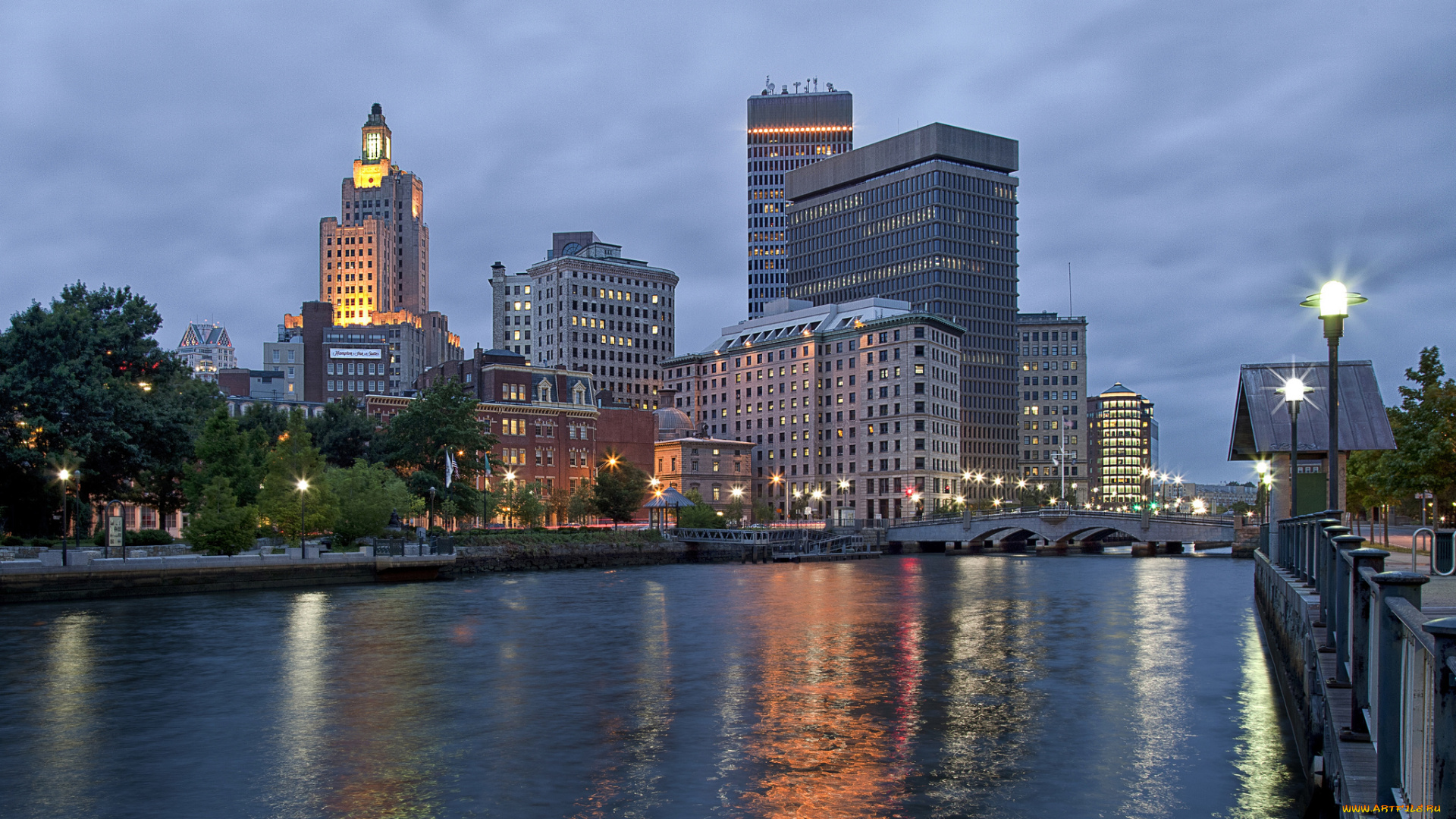 providence, города, -, панорамы, огни, ночь, панорама, река
