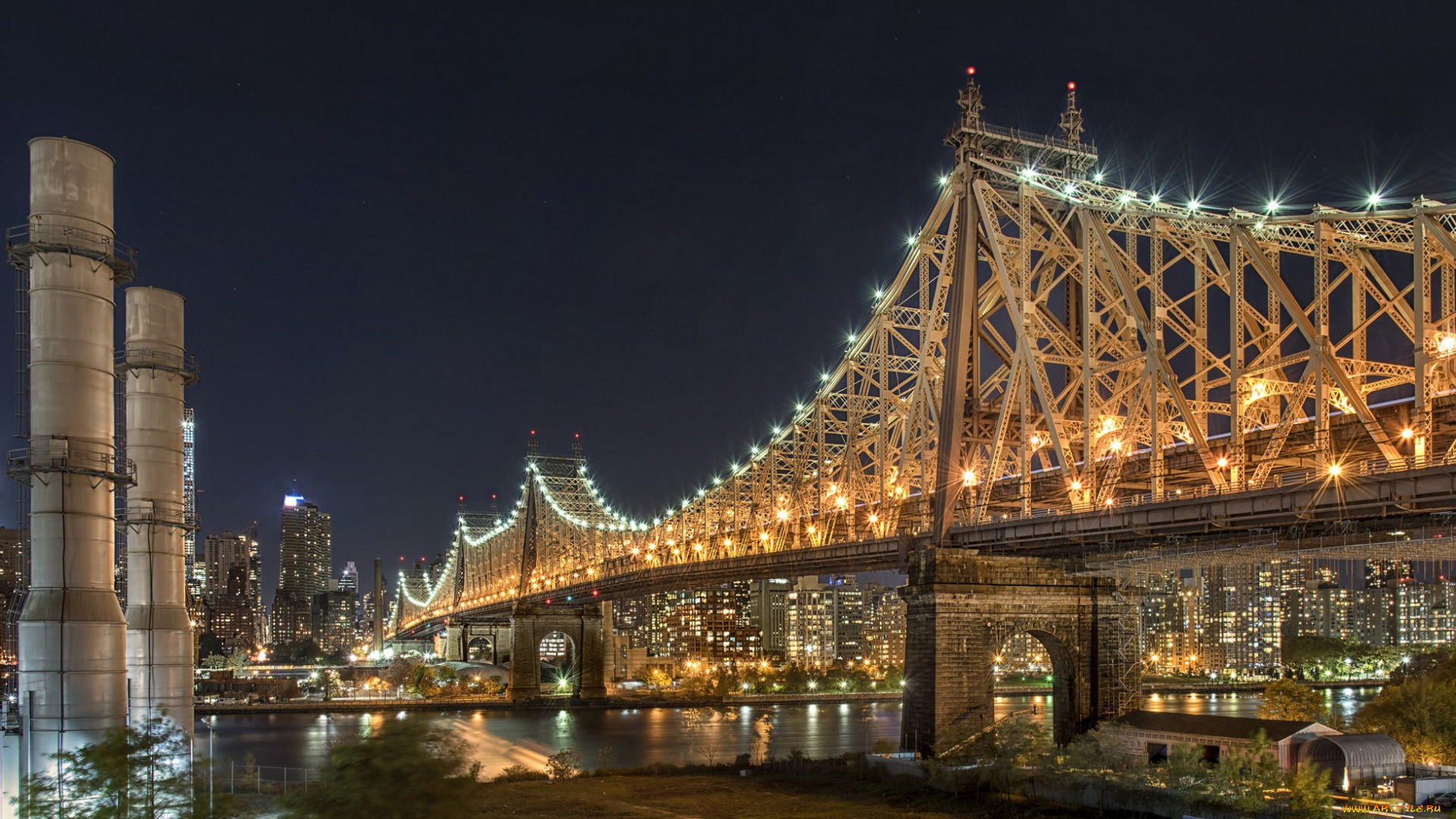 queensboro, bridge, города, нью-йорк, , сша, огни, ночь, панорама, река