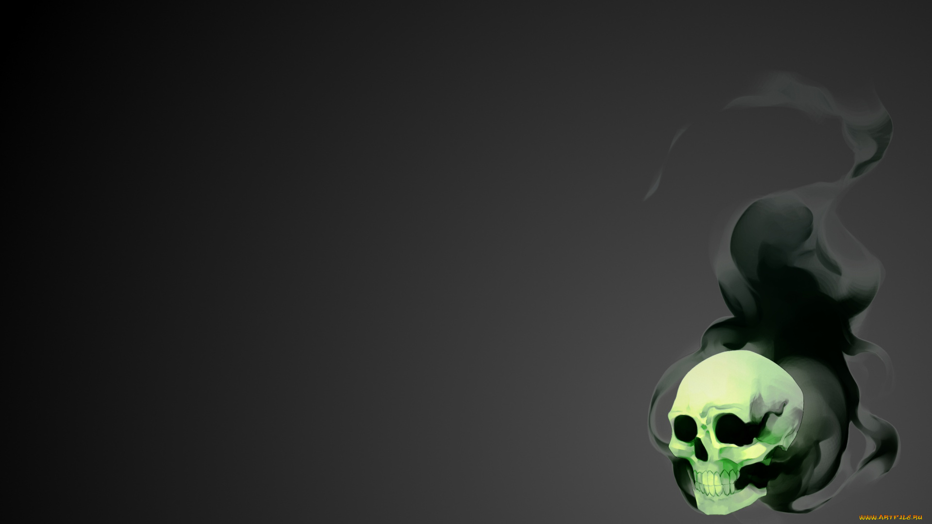 рисованное, минимализм, minimalism, фантастика, дым, Череп, black, smoke, gray, зеленый, свечение, Черный, skull, плавный, арт, мрачность, dirk, light, soft