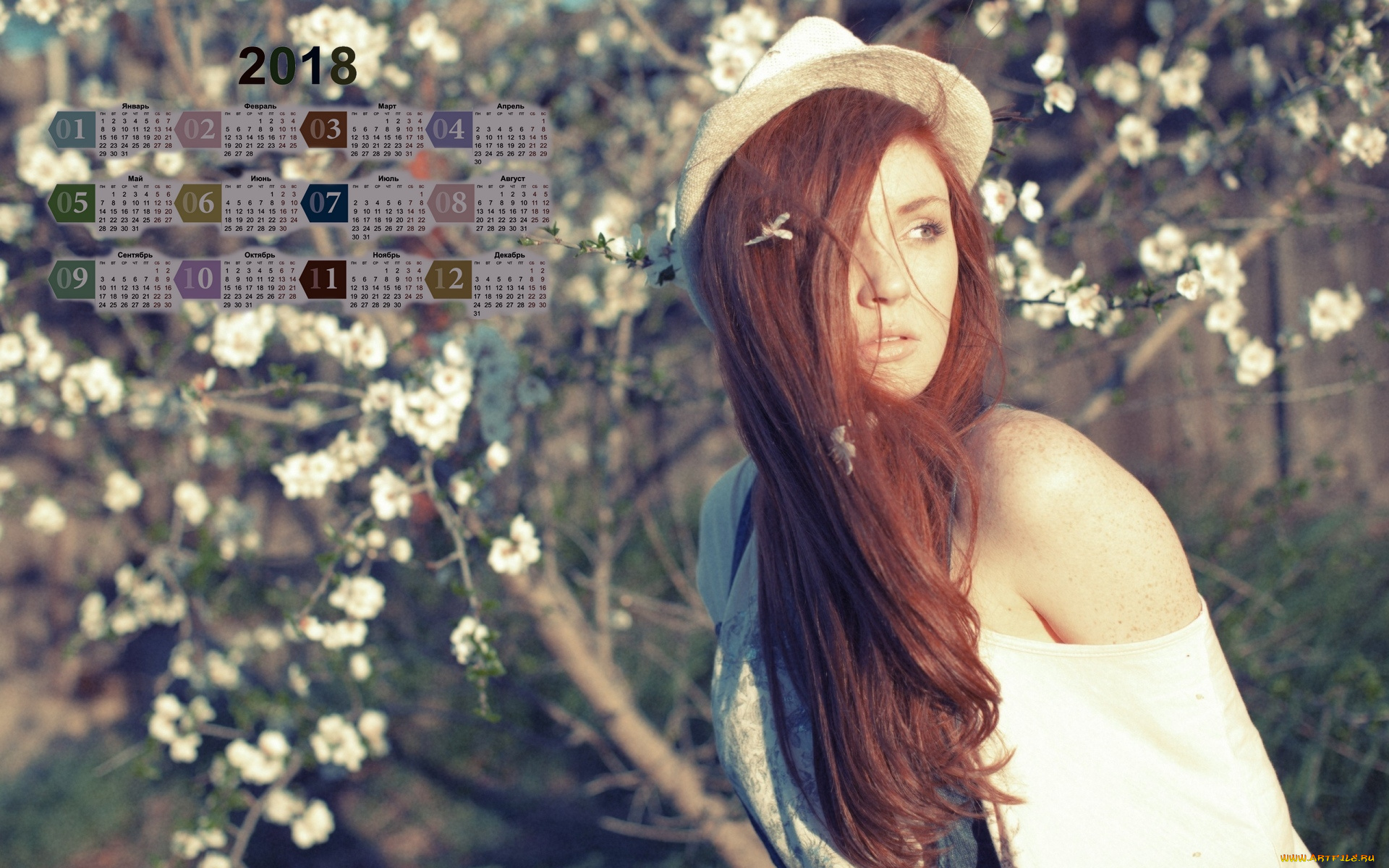 календари, девушки, цветки, дерево, шляпа, взгляд, 2018