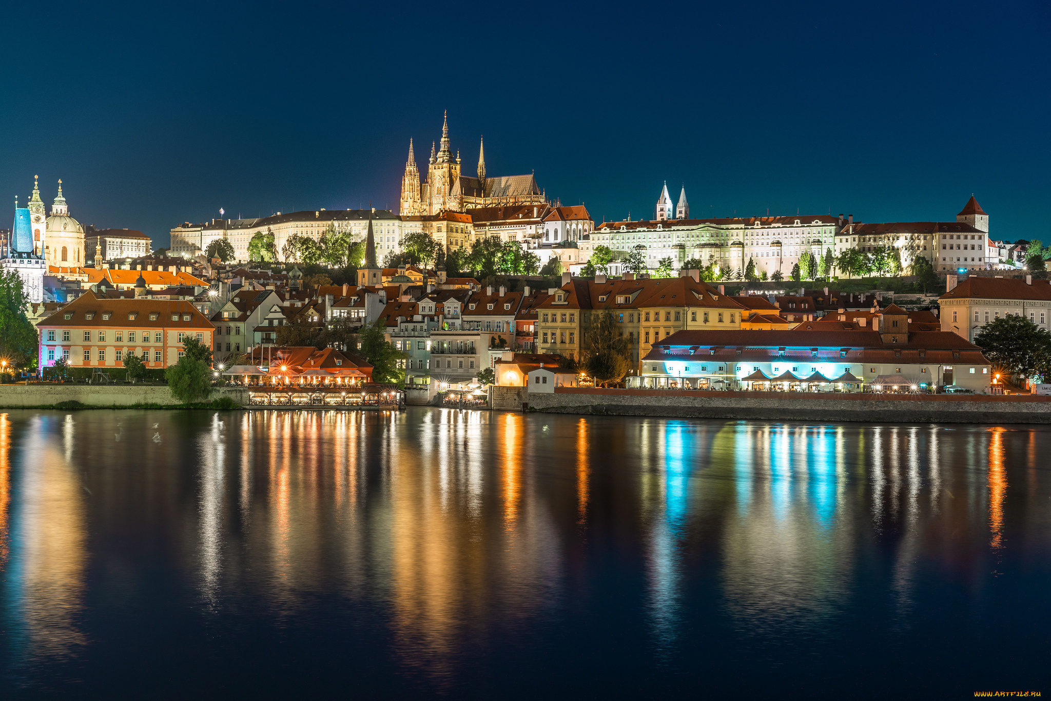 prague, города, прага, , Чехия, огни, ночь, панорама, река