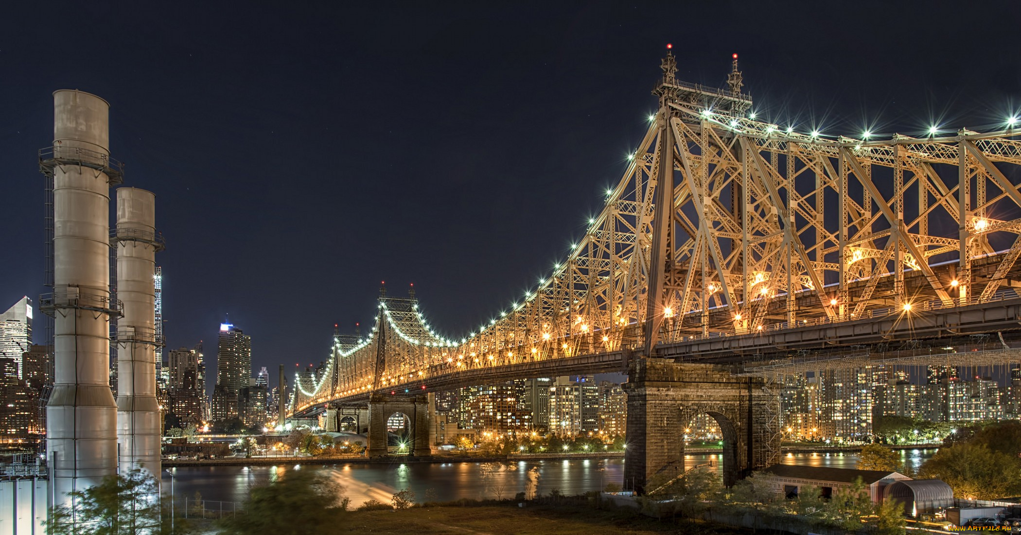 queensboro, bridge, города, нью-йорк, , сша, огни, ночь, панорама, река