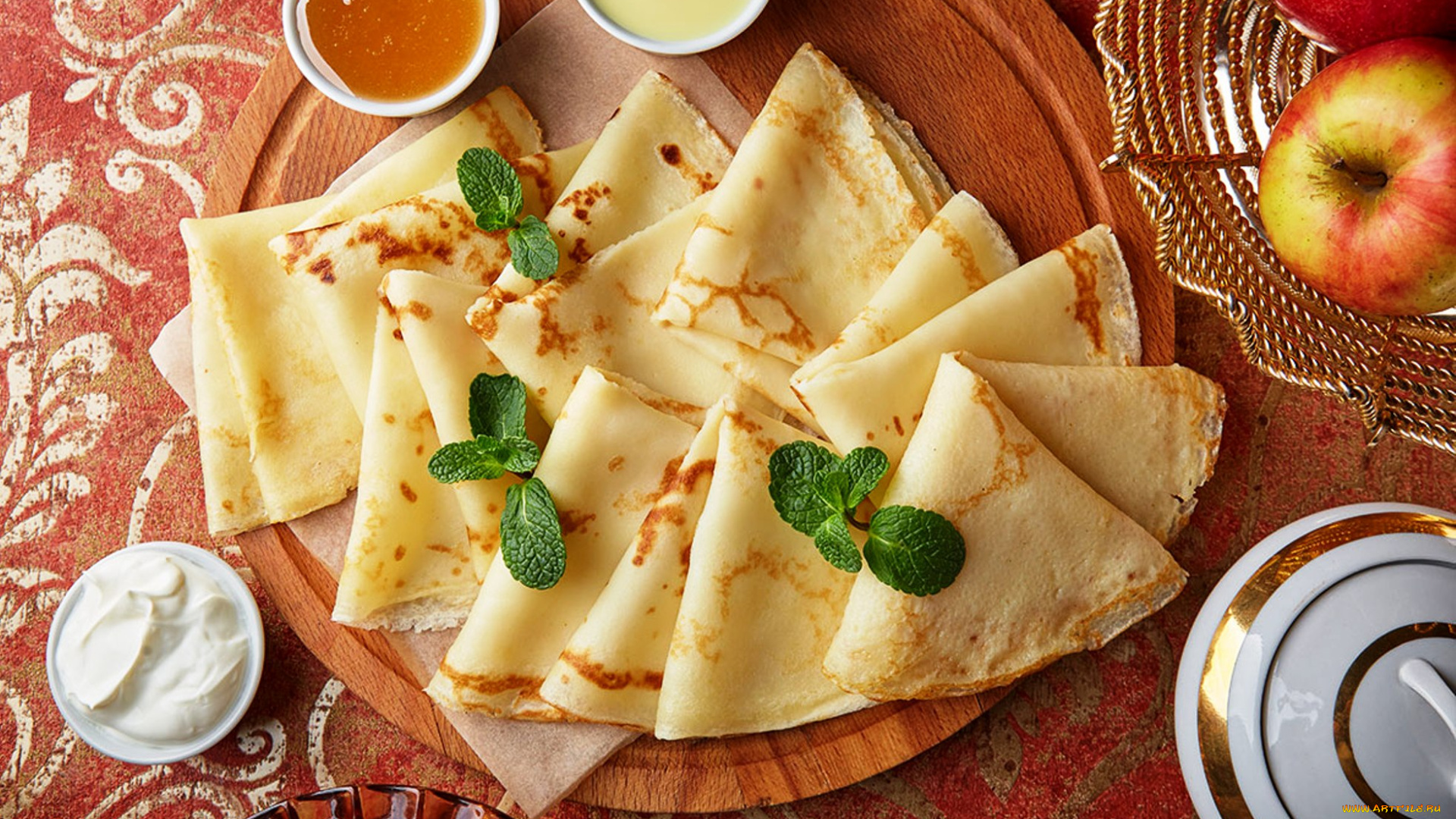 еда, блины, , оладьи, яблоки, сметана, мед