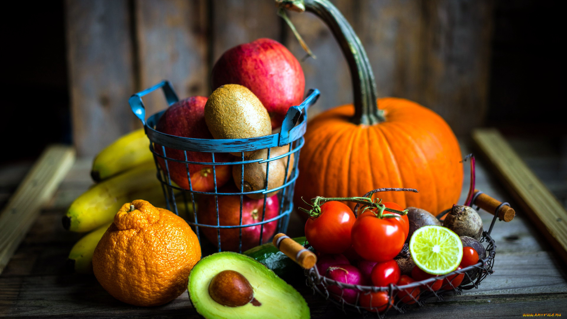 еда, фрукты, и, овощи, вместе, апельсин, авокадо, бананы, киви, помидоры, редис, тыква