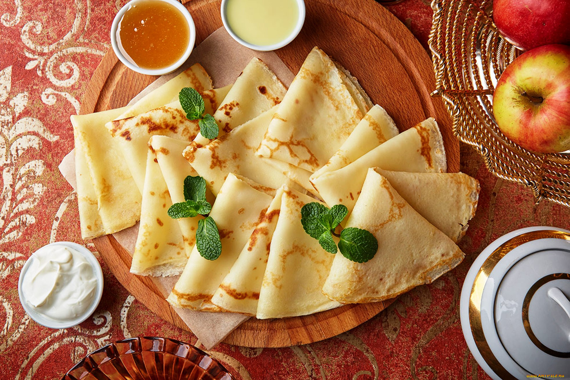 еда, блины, , оладьи, яблоки, сметана, мед