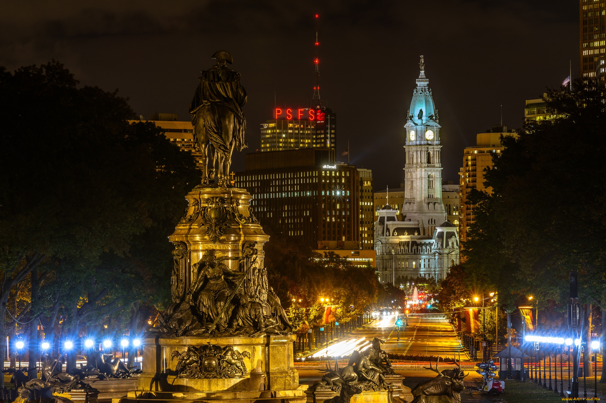 philadelphia, города, -, огни, ночного, города, простор